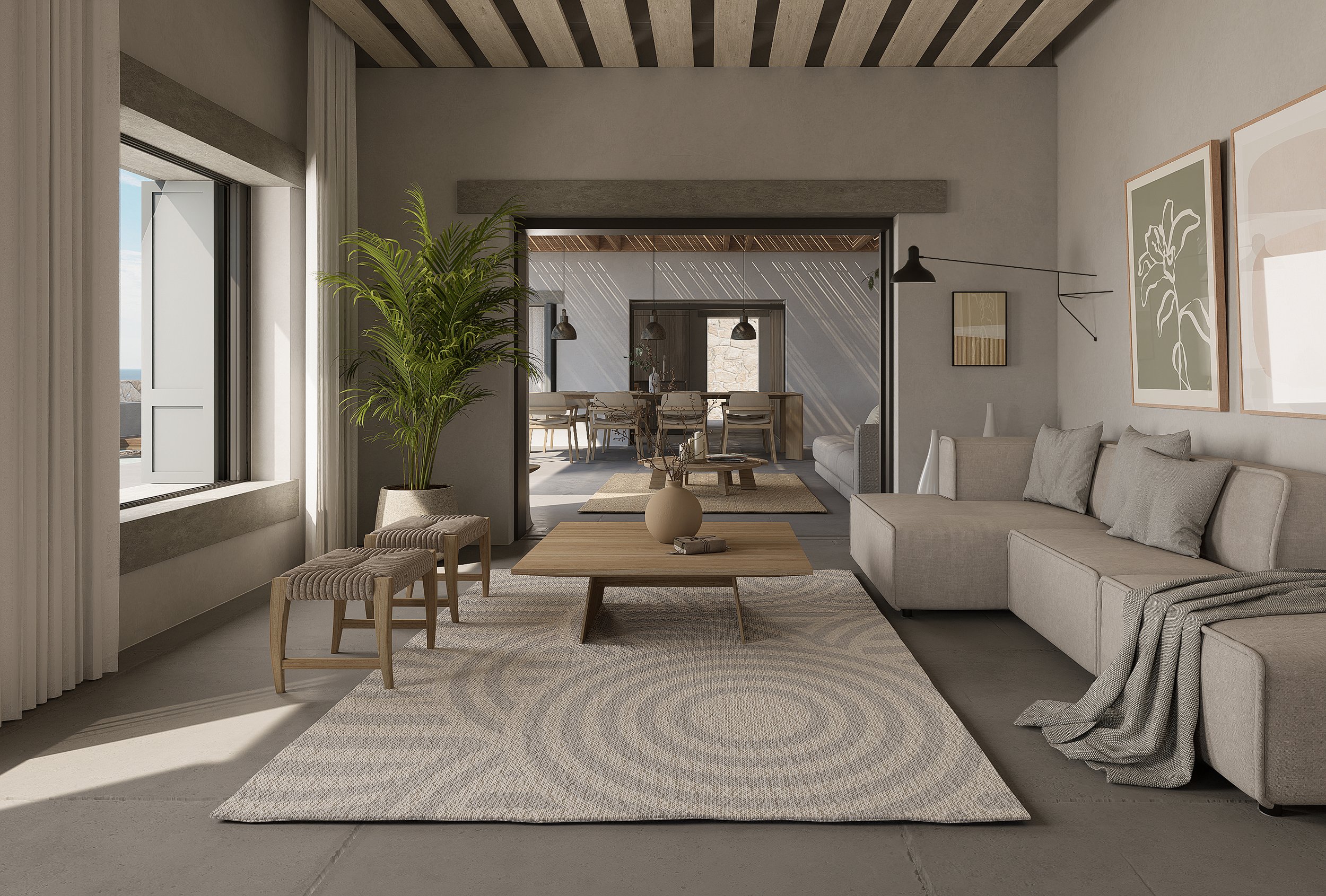 interior villa mandra mykonos 3d rendering
