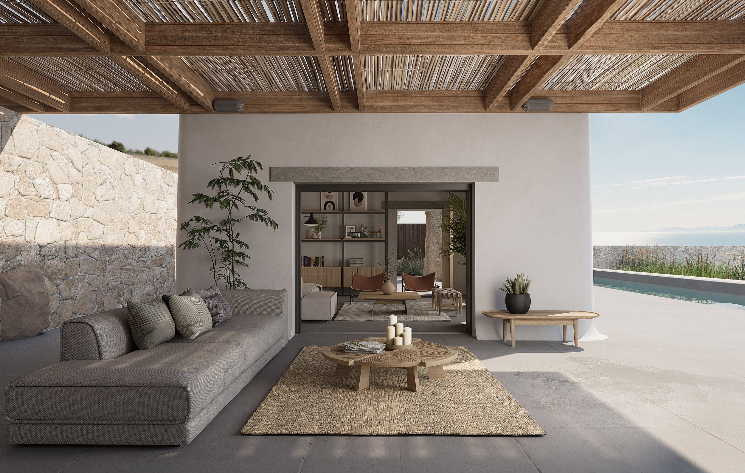 outdoor render of villa mykonos 3d