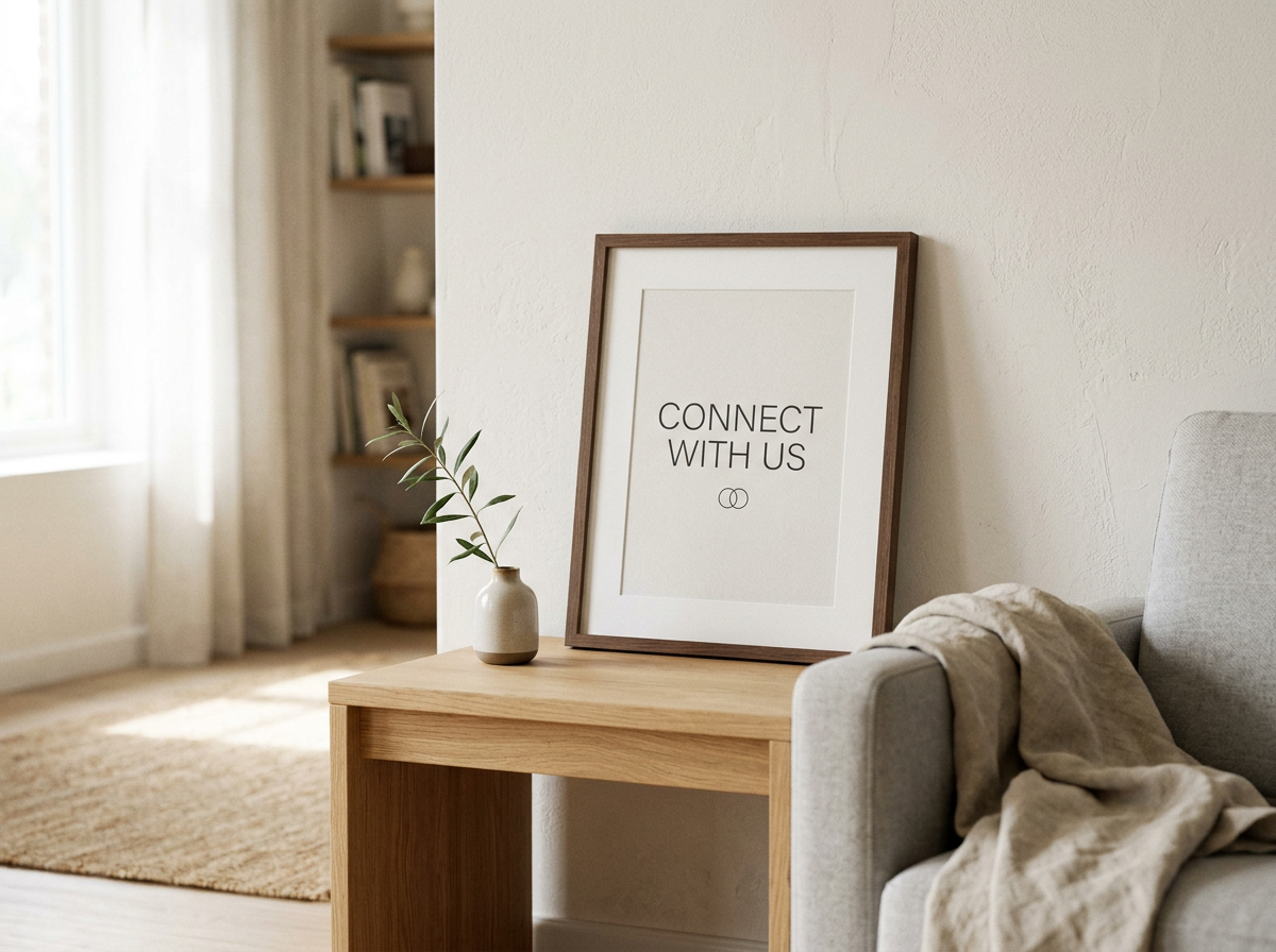Interior of a living room with a wooden side table holding a small white vase with green leafy branch. Leaning against the wall is a framed picture with the text 'Connect With Us' and two interconnected rings, next to a light-colored sofa with a beige throw blanket. In the background, there are sheer white curtains, a window, and built-in shelves with books and decorative items.