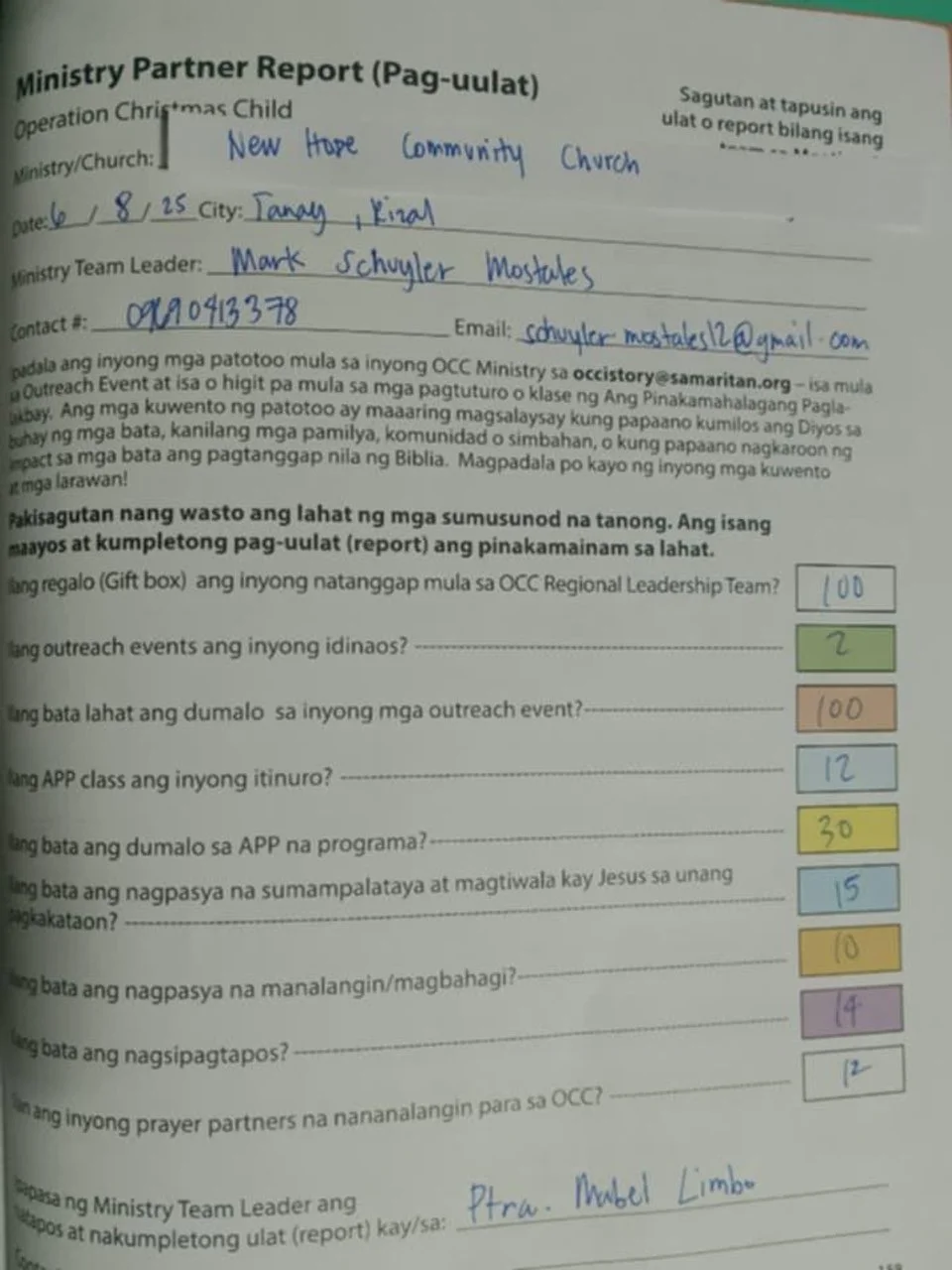 Ministry Partner Report form with handwritten notes and colorful checkboxes filled with numbers, related to outreach and community activities in a church setting.