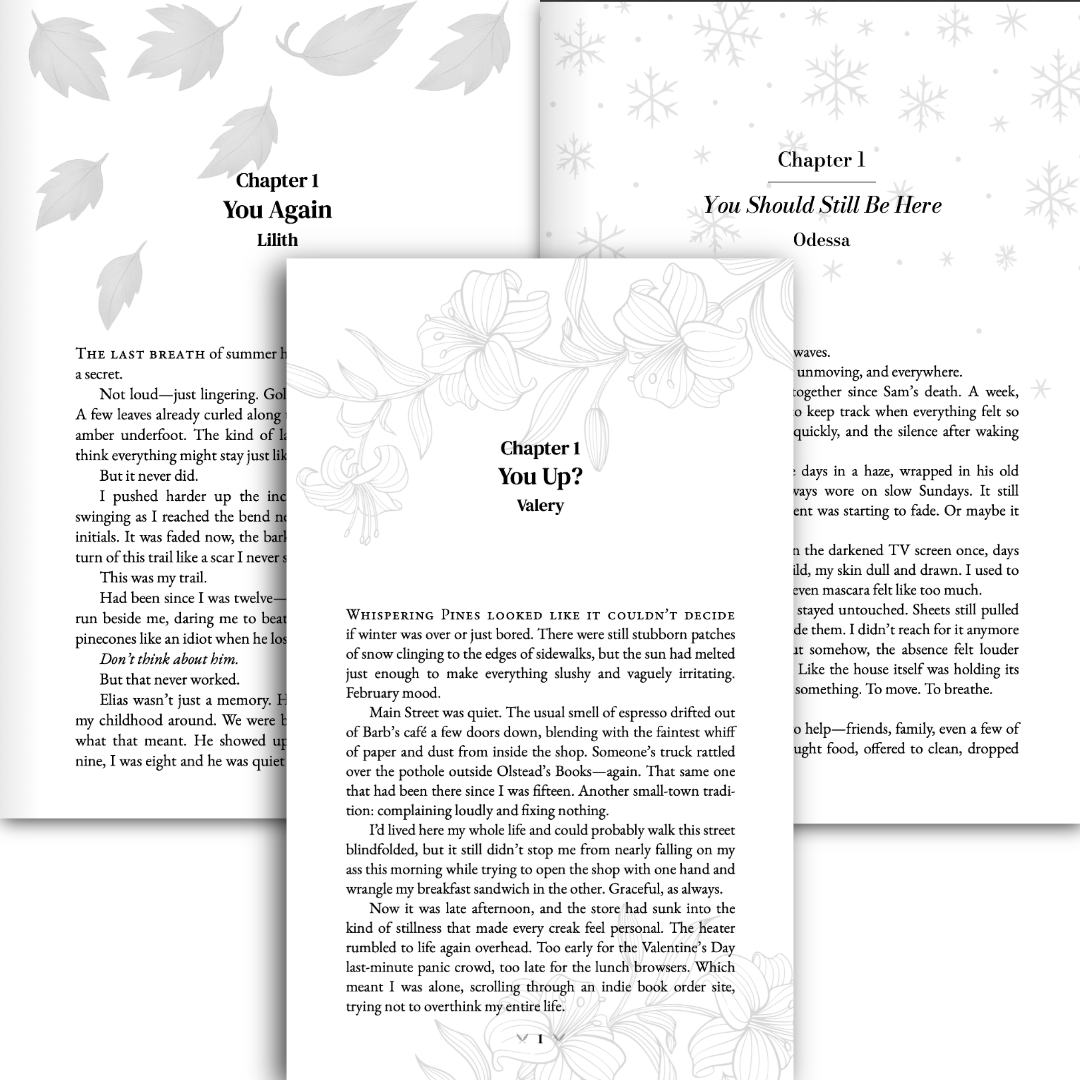 Three pages of a book or magazine with chapter titles and text, decorated with leaves, snowflakes, and floral line art.