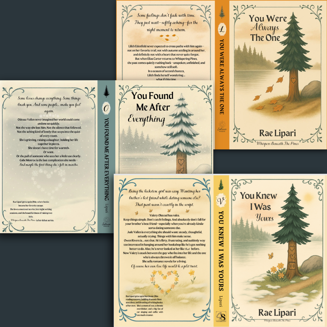 Collection of five book covers with titles and authors, featuring illustrated trees and nature themes. Titles include 'You Were Always The One,' 'You Found Me After Everything,' and 'You Knew I Was Yours' by Rae Lipari.