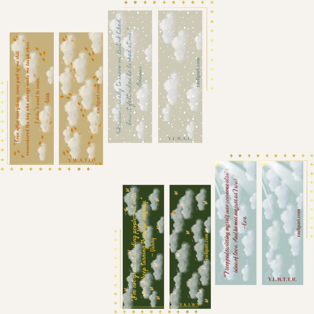 Multiple clouds with various motivational and inspirational quotes written on a background of sky and clouds, decorated with small golden stars and butterflies.