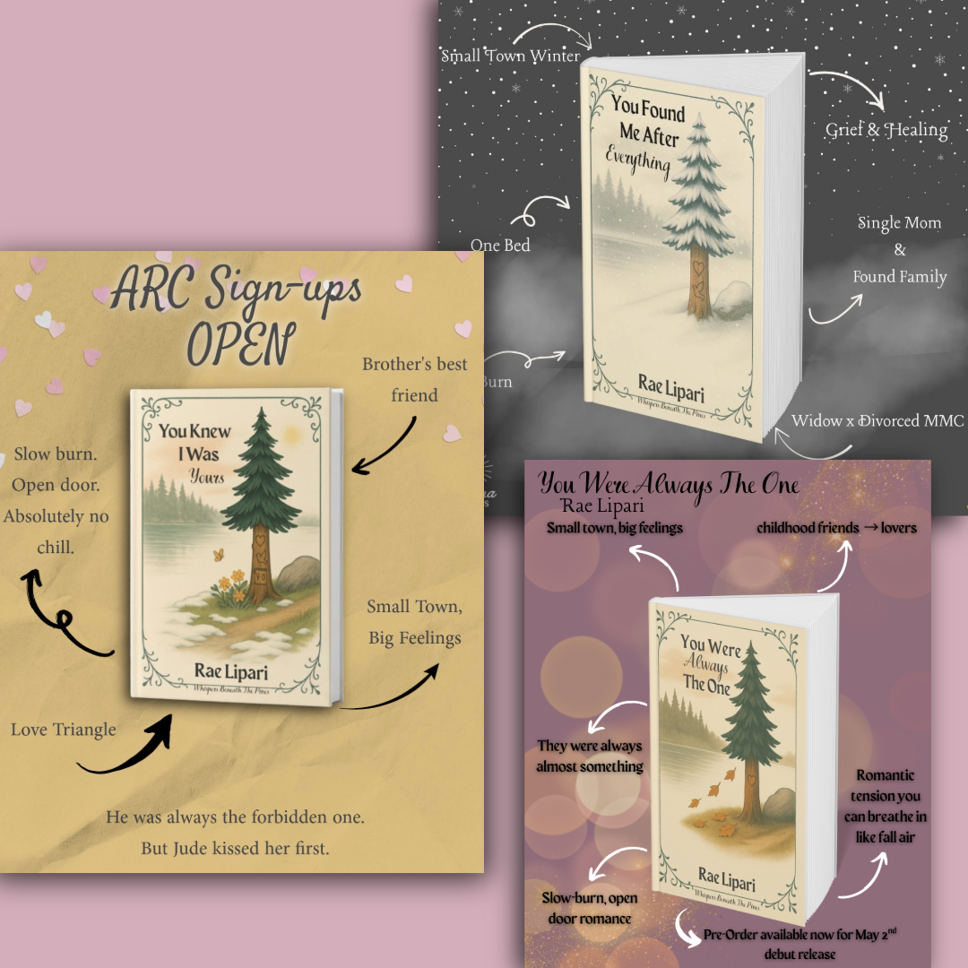 Three promotional pages for a book titled "You Were Always The One" by Rae Lipari, featuring illustrated trees and quotes, with annotations describing the book's themes, setting, and mood.