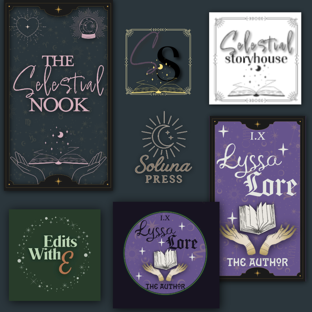 Collection of seven fantasy-themed book cover designs featuring celestial and mystical elements, with titles like 'The Selectual Nook,' 'Celestial Storyhouse,' 'Lyria Lore,' and 'Edits With E,' showcasing various colors and artistic styles.