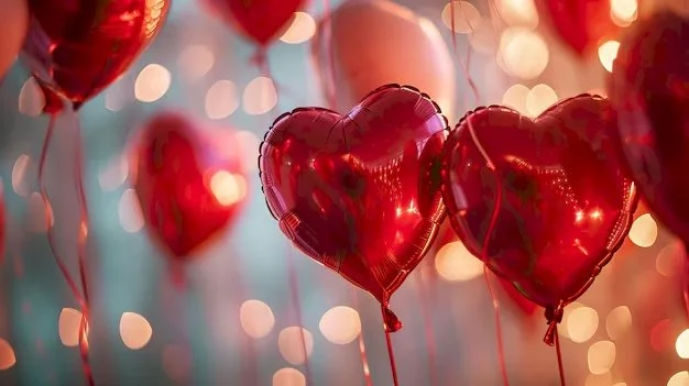 Multiple red heart-shaped balloons with blurred lights in the background.