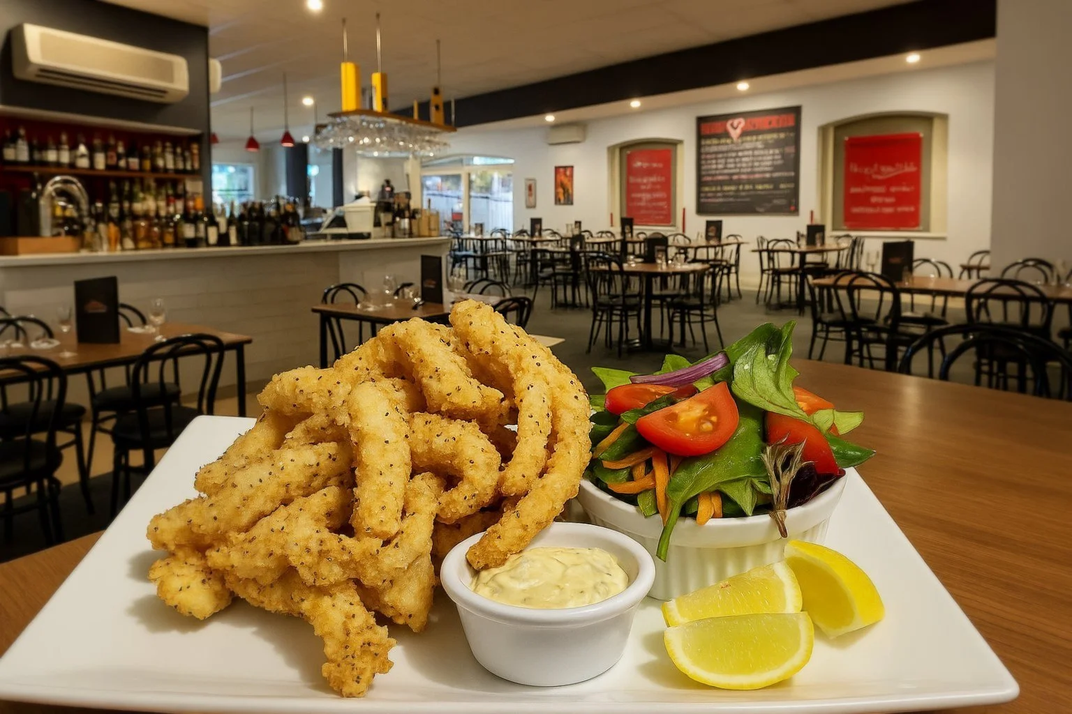 Plate of fried calamari with lemon wedges, a side salad, and creamy dipping sauce in a restaurant dining area.