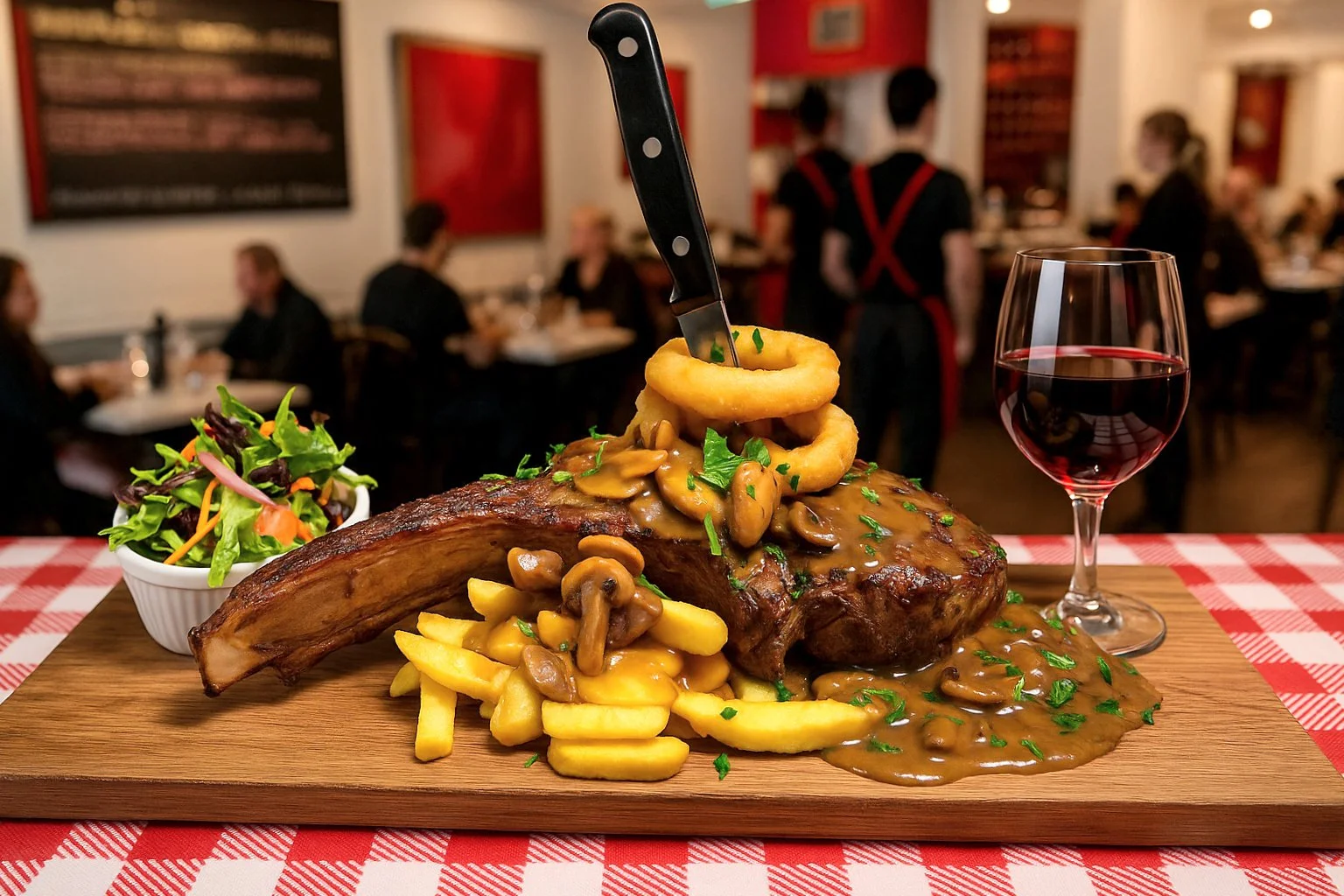 Steak dinner with fries, mushroom gravy, onion rings, salad, and a glass of red wine on a wooden serving board in a restaurant setting