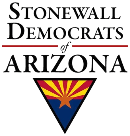 Logo of Stonewall Democrats of Arizona with an outline of the state of Arizona featuring a star and the Arizona flag's colors.