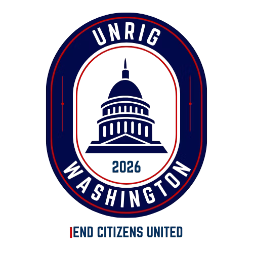 A logo UNRIG WASHINGTON with the goal of ending Citizens United.