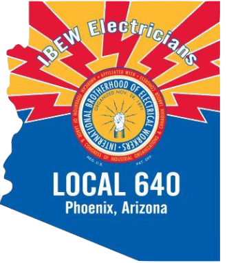 Logo for IBEW Electricians Local 640 in Phoenix, Arizona, featuring a lightning bolt, the union's emblem, and red, yellow, and blue colors.