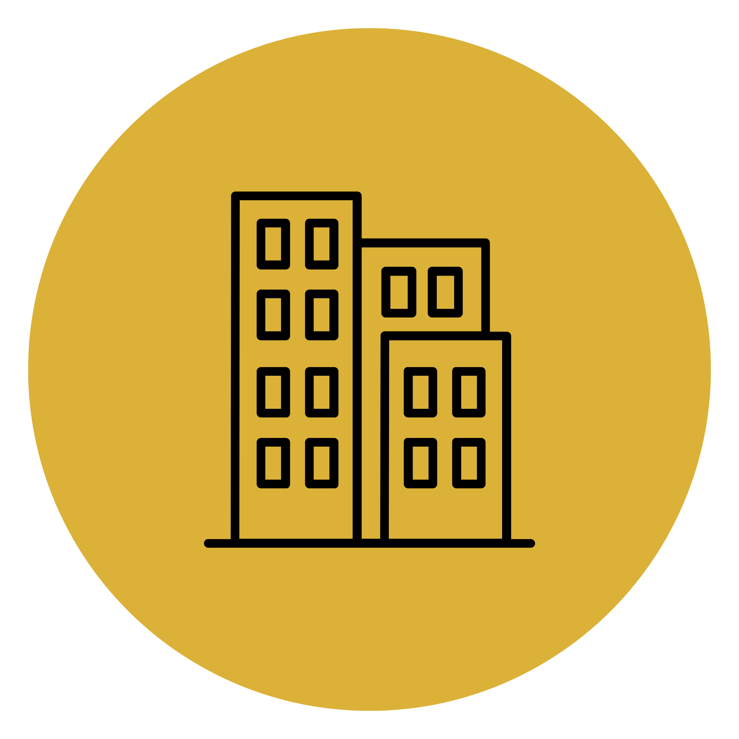 Line drawing of three buildings inside a gold circle.