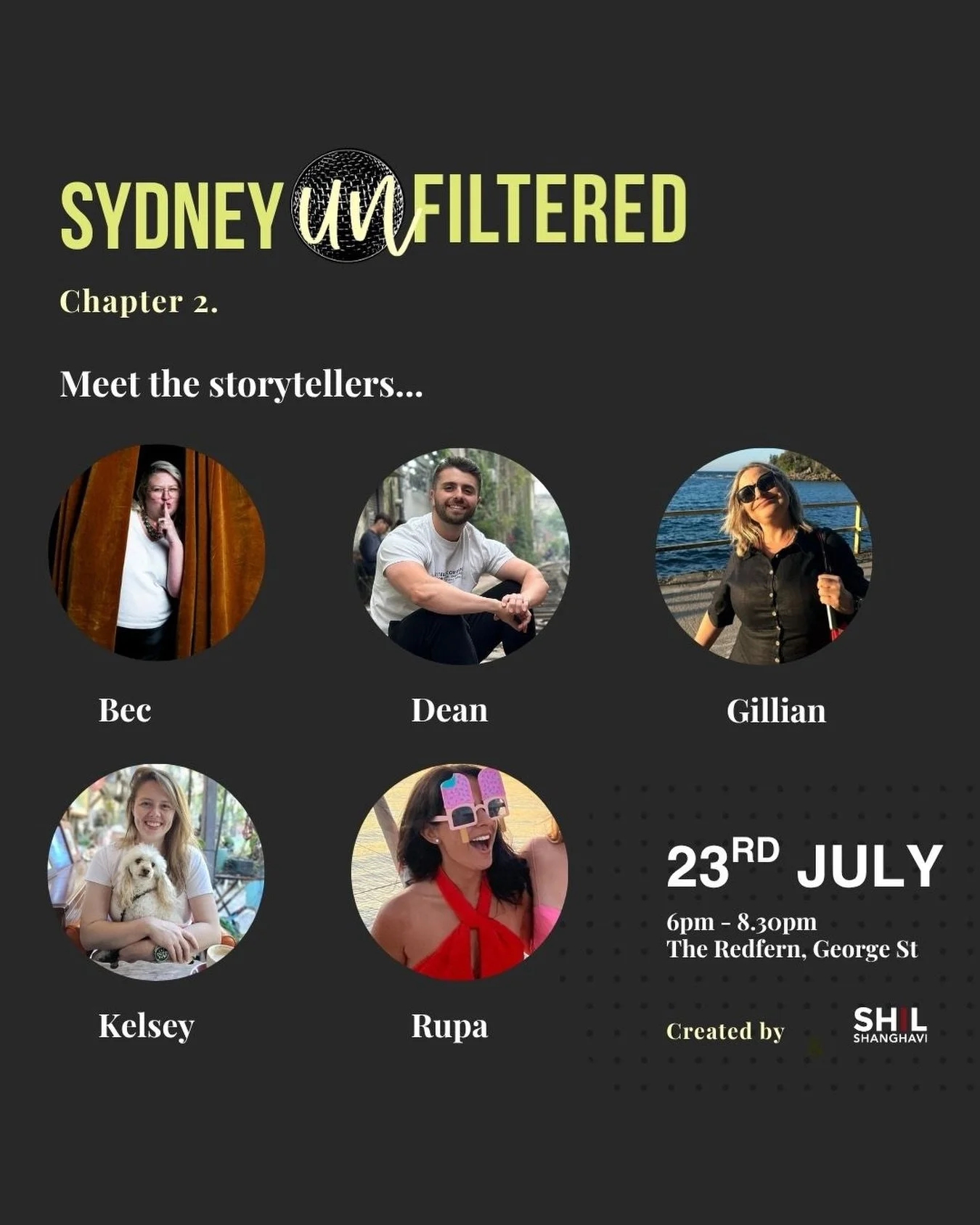 5 people. 5 stories. One unforgettable night💥
 🙌The lineup is here.

🎤Meet the five incredible storytellers taking the stage at our next Sydney Unfiltered event on 23 July, hosted by @ellalucygarrick 🥳

💫Each speaker is bringing a story that&rsq