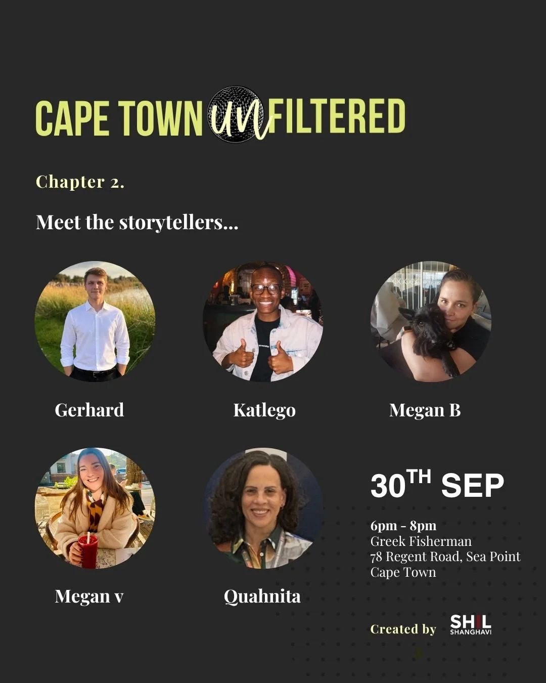 Cape Town, meet the people behind the stories 🇿🇦🎤

Our next Unfiltered speakers are ready to take the mic!

5️⃣ people. 5️⃣ personal stories. 5️⃣ minutes each to share a moment that shaped who they are.

Join us for an evening of honest storytelli