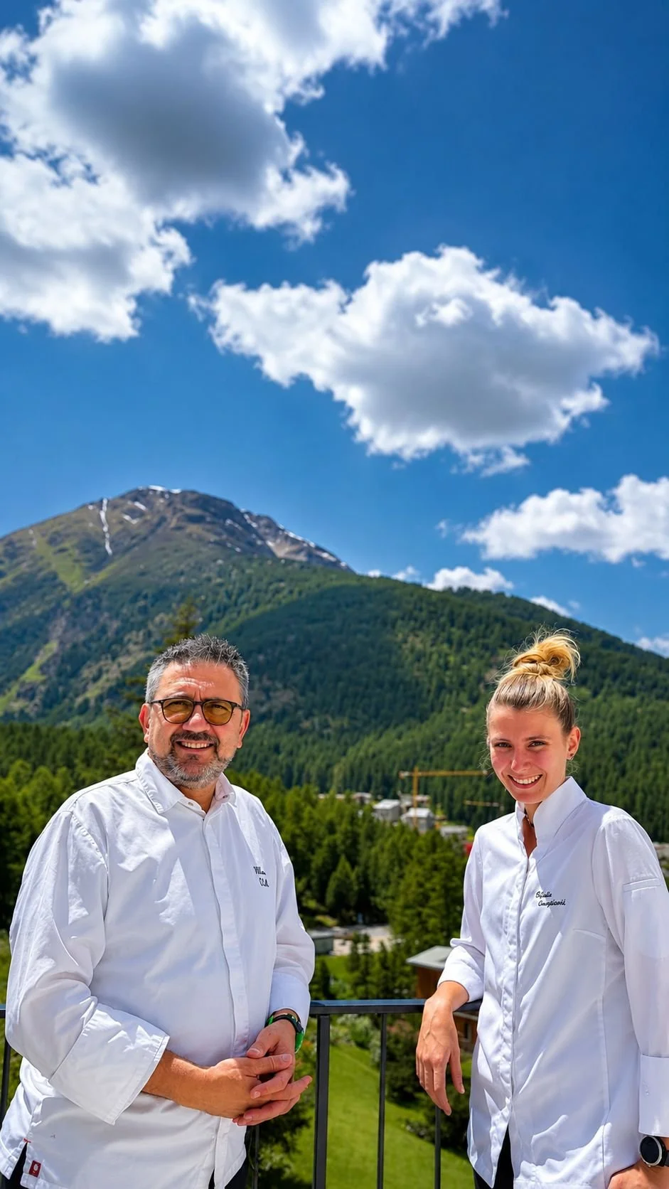 Un uomo e una donna sorridenti indossano divise da chef, si trovano su una terrazza con panorama di montagne verdi e cielo con nuvole bianche