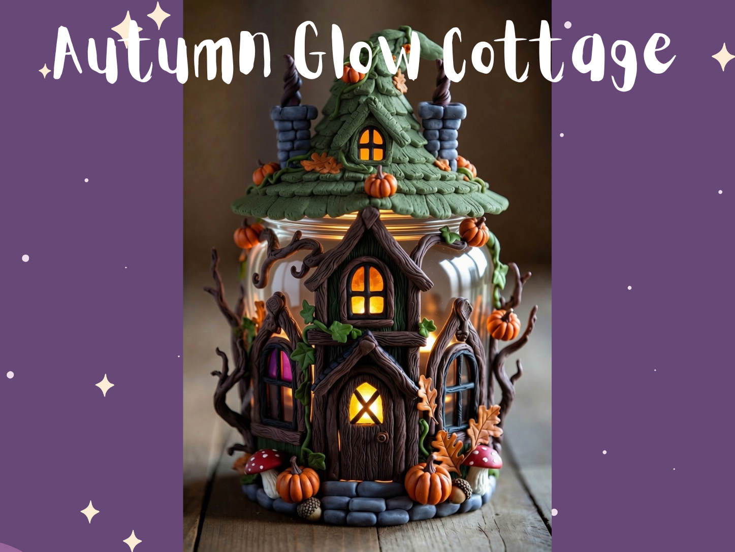 A decorative autumn-themed lantern shaped like a whimsical house with pumpkins, vines, and glowing windows, set on a wooden surface.