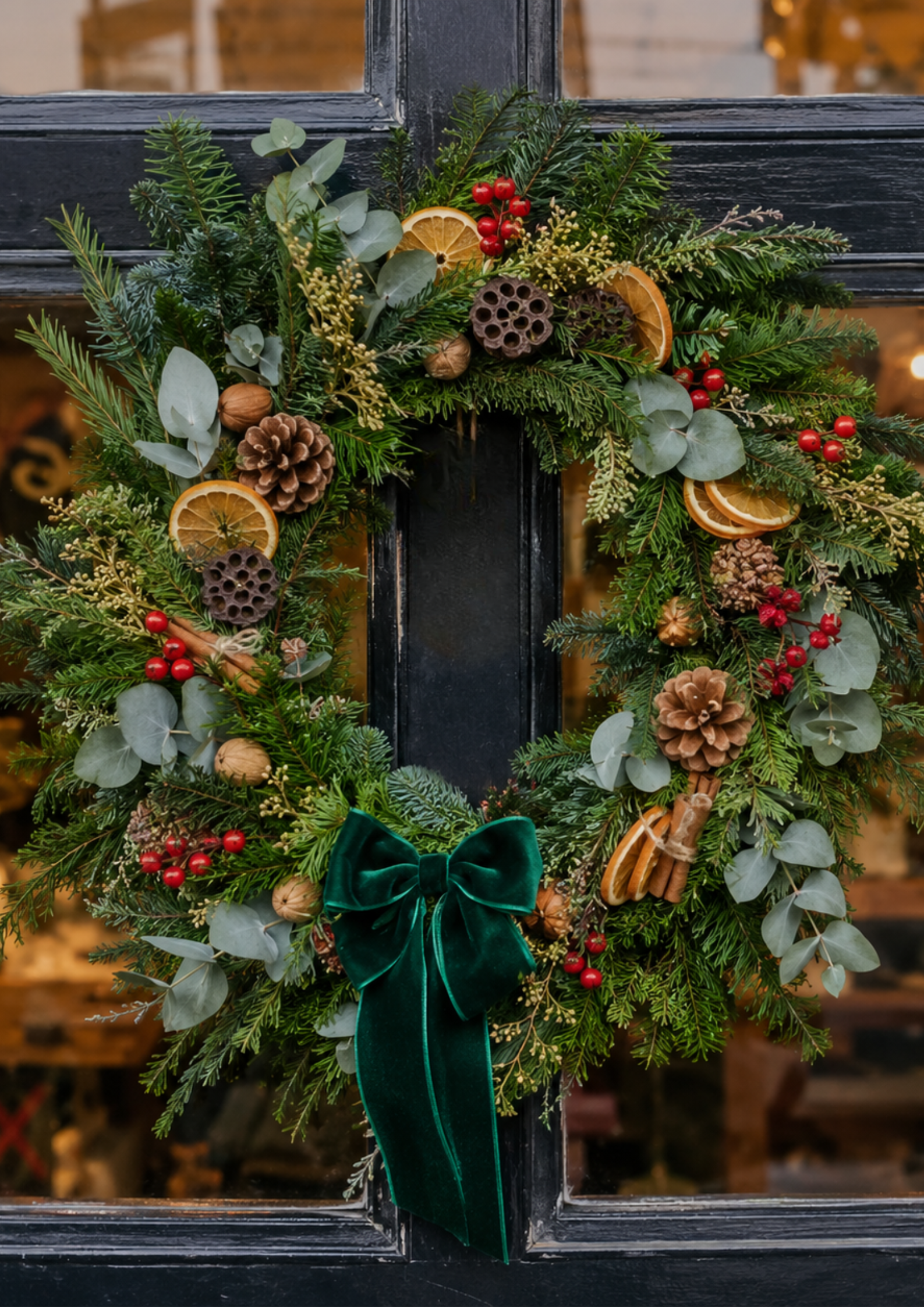 A festive Christmas wreath decorated with pine branches, pinecones, dried orange slices, red berries, cinnamon sticks, Indian lotus seed pods, silver-green eucalyptus leaves, and a green velvet bow, hanging on a black wooden door.