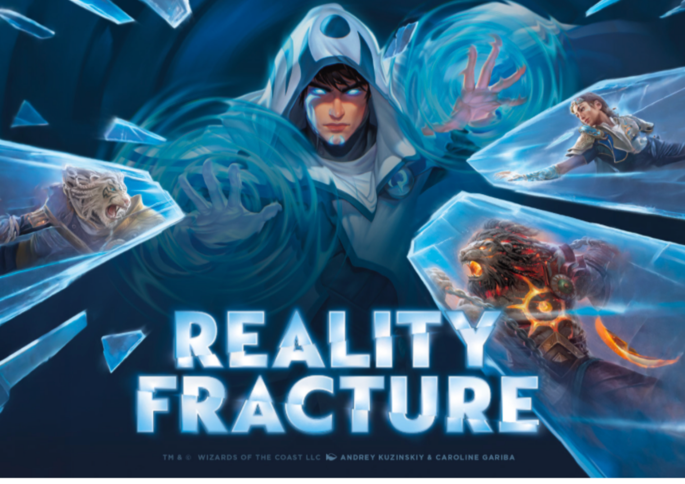 Digital artwork featuring a male character in a hoodie with glowing eyes, surrounded by ice and shards, with a female character in armor wielding a sword and a dragon's head in the background. The text reads: "Dauntless Reality Fracture."
