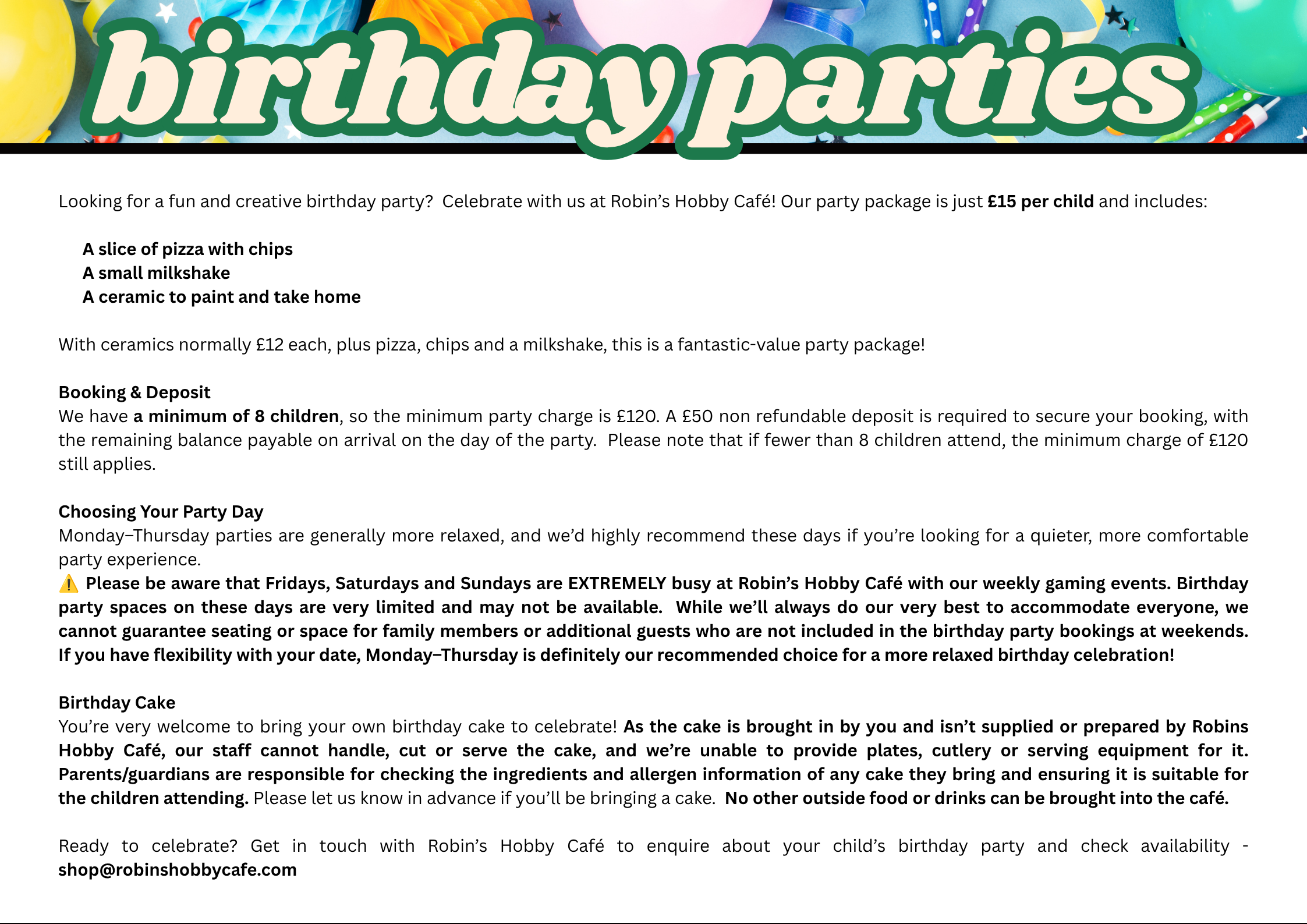 Informational flyer about birthday parties at Robin's Hobby Cafe, with details on prices, booking, birthday cake policy, and contact information. The flyer features a colorful background with balloons, party decorations, and confetti.