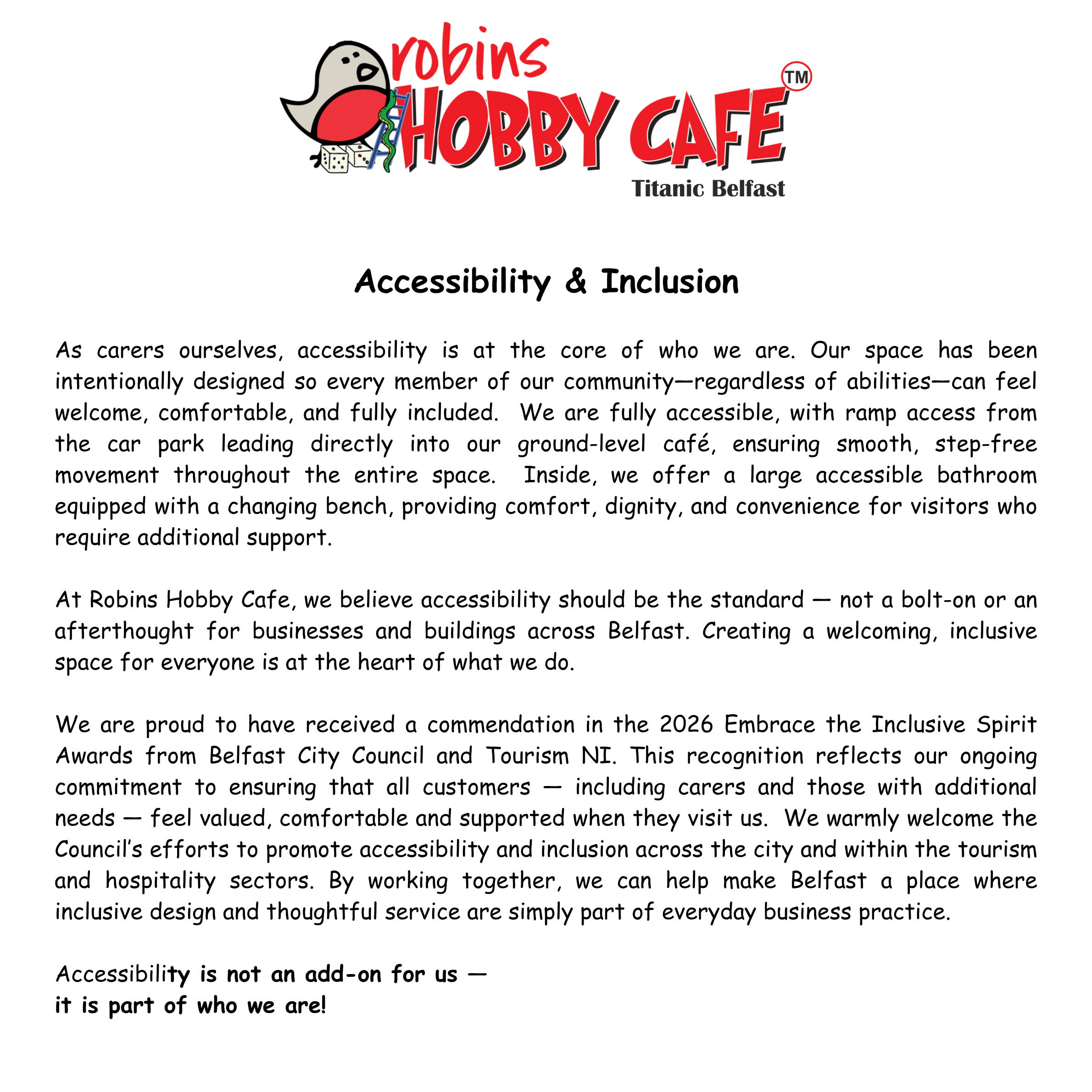 Robins HOBBY CAFE logo at the top with a bird character holding a dice, and the words 'Robins HOBBY CAFE Titanic Belfast' below, followed by text about accessibility and inclusion.