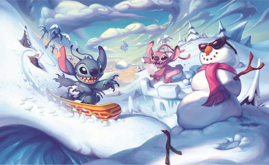An animated snowy landscape with a flying blue dragon, a pink creature with large ears, and a snowman wearing sunglasses and a scarf.