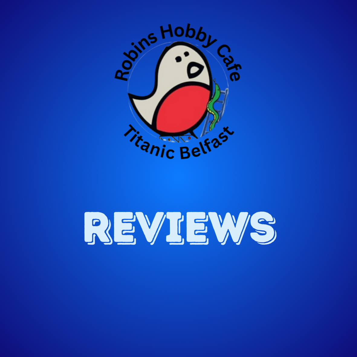 Design for Robinson's Hobby Cafe Titanic Belfast reviews, featuring a cartoon ghost with a red belly and a green worm, set against a blue gradient background.