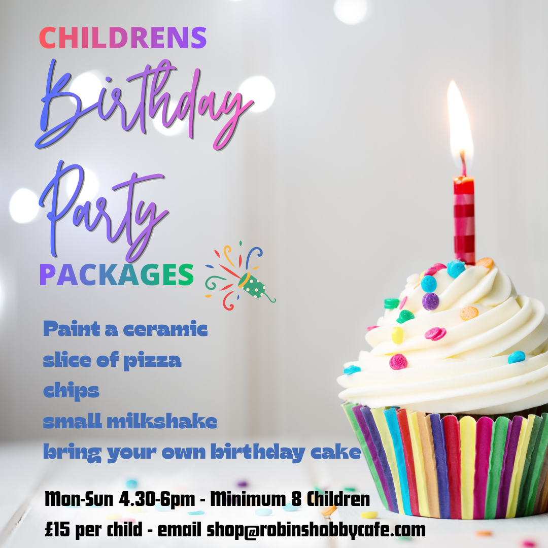 Colorful birthday cupcake with white frosting, sprinkles, and a lit candle on top, with birthday party text on the left side.