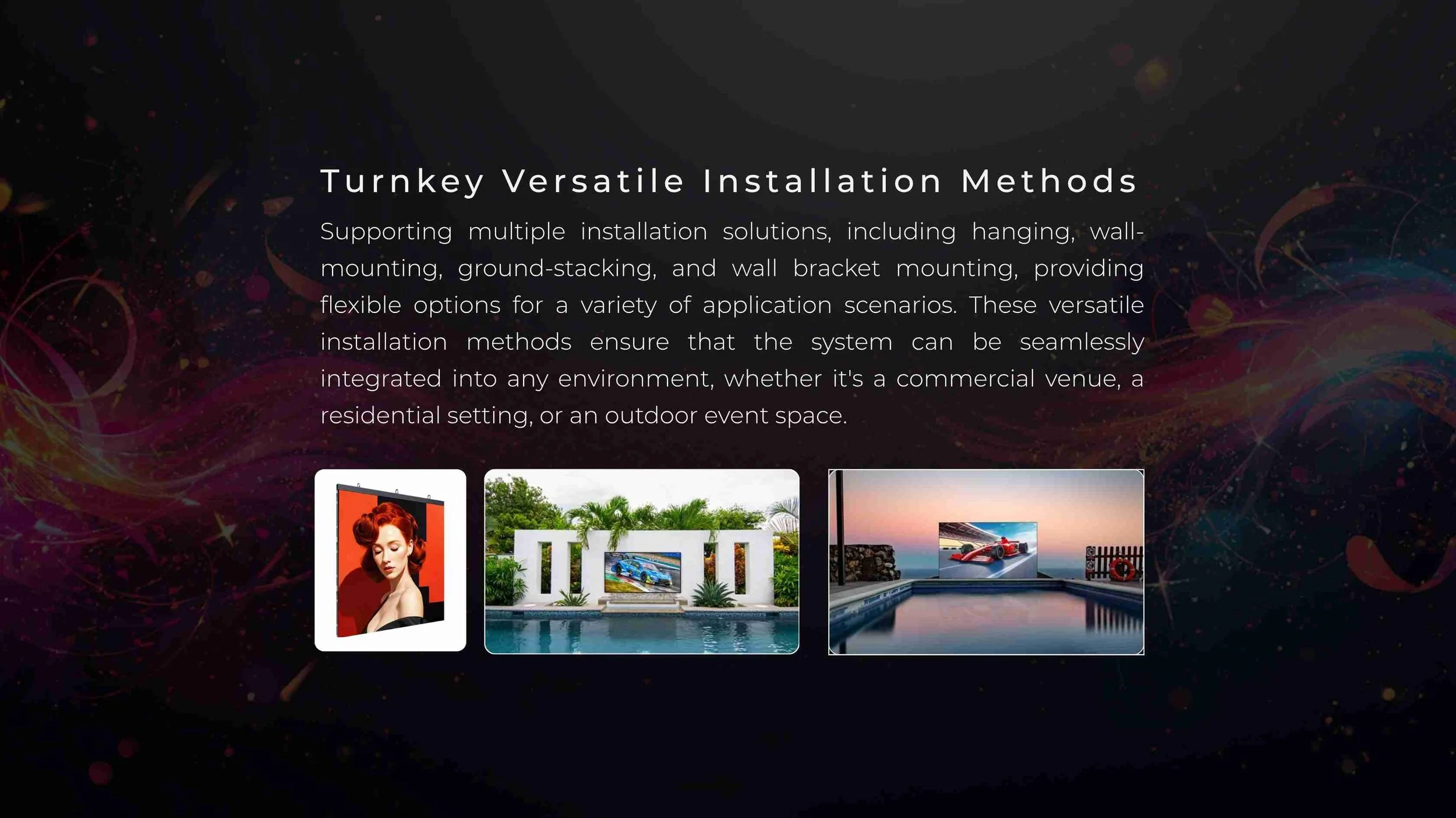 Outdoor LED video wall installation options showing hanging, poolside wall-mount, and ground-stacked mounting methods with the product Oasis Series by LED Vision