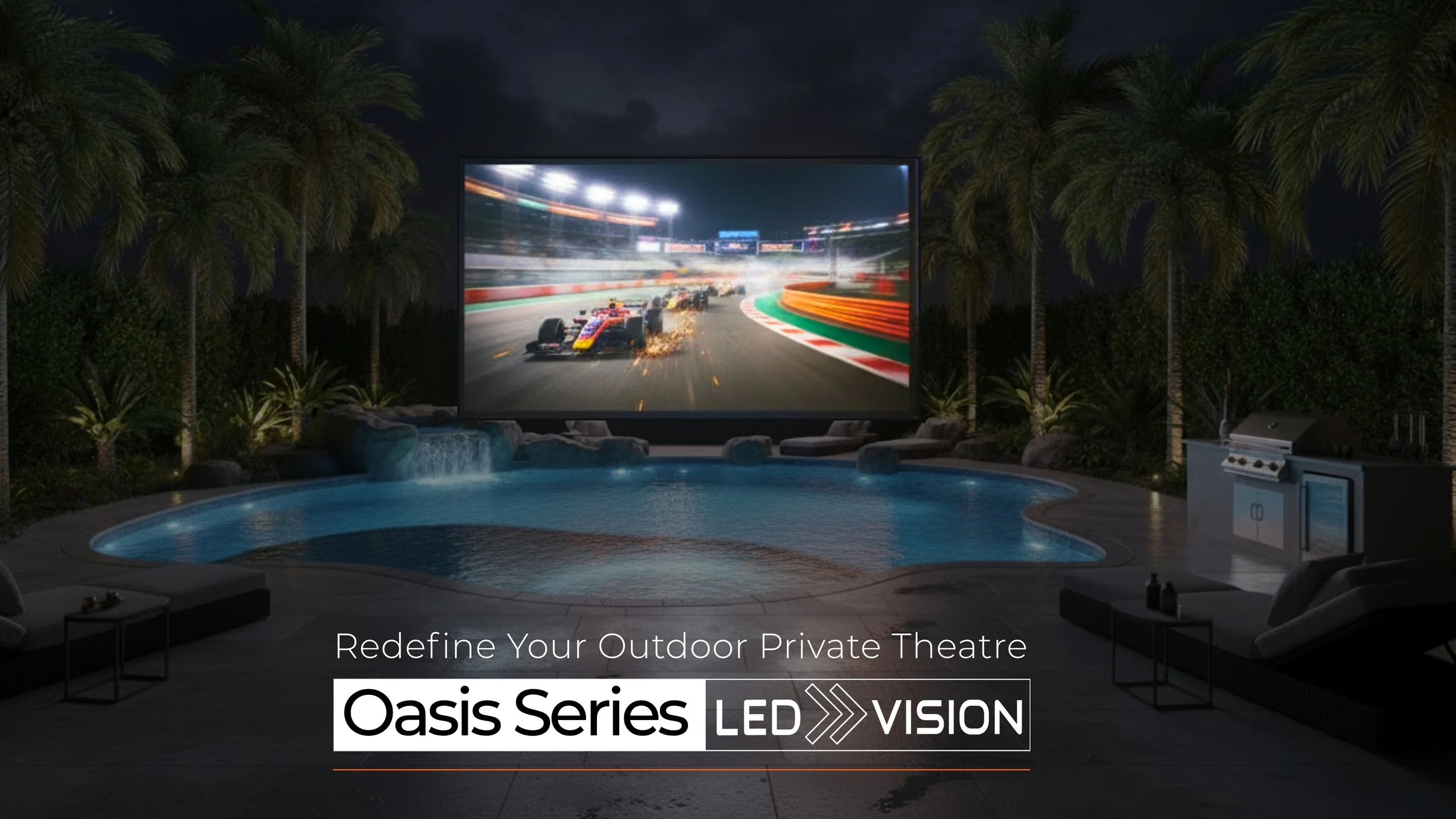 Large outdoor LED video wall mounted beside a backyard pool at night, showing motorsport footage in a private theater setup with the product Oasis Series by LED Vision