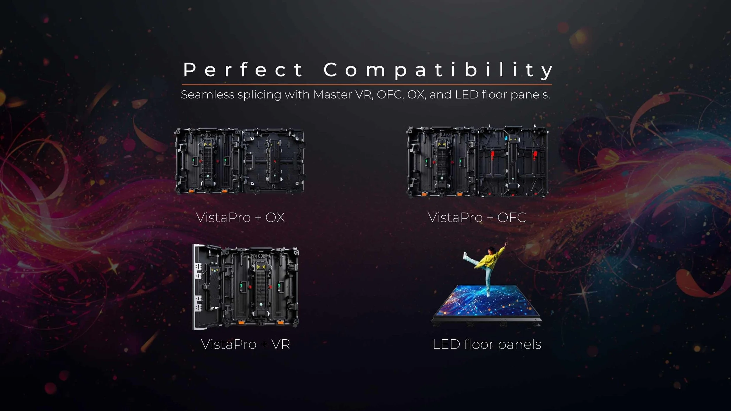 LED video wall seamless compatibility with Master VR, OFC, and OX cabinets and LED floor panels for flexible event and stage systems by LED Vision