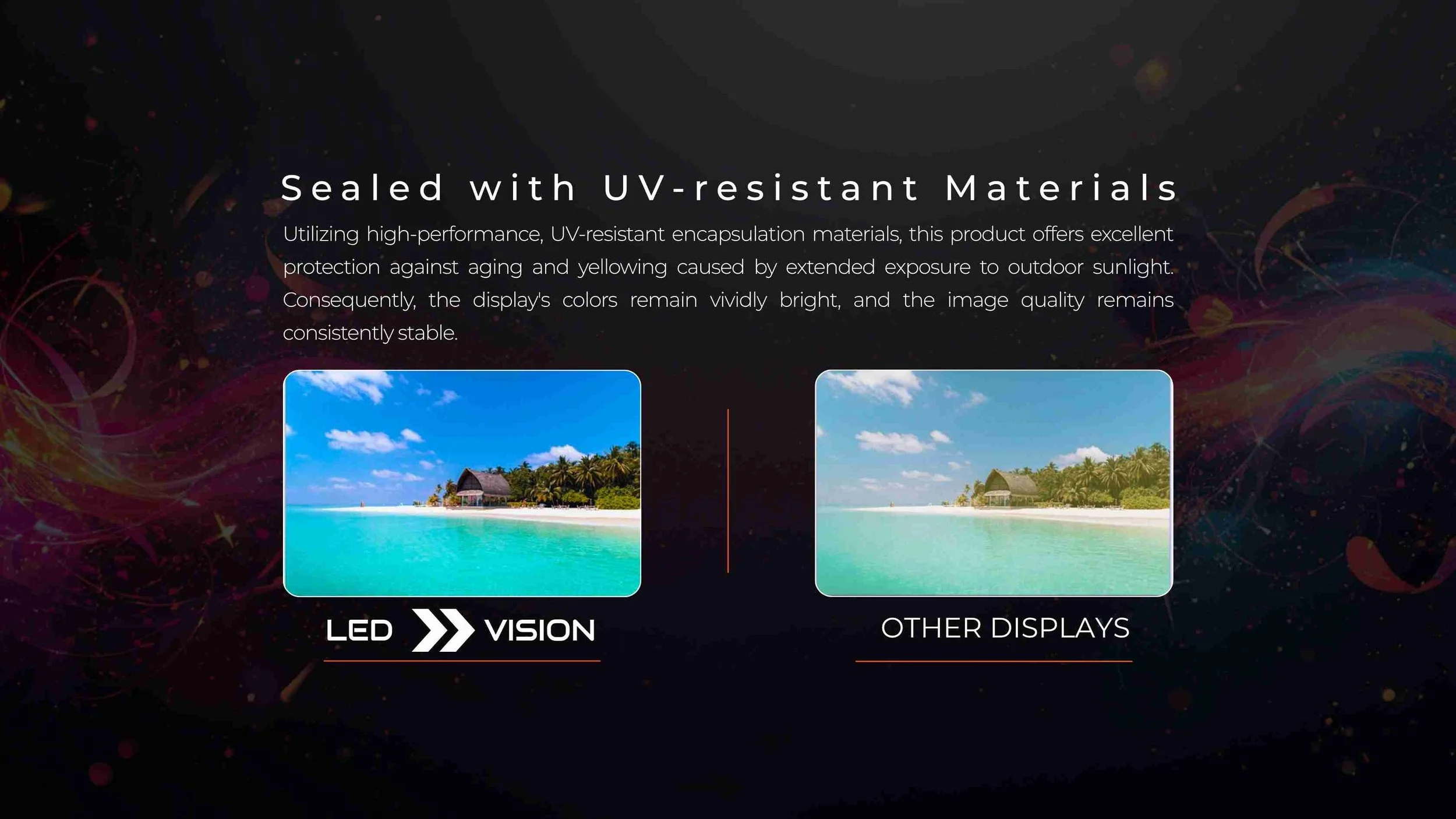 Side-by-side beach scene comparing a UV-resistant outdoor LED display with vivid color against a faded competing display with the product Oasis Series by LED Vision