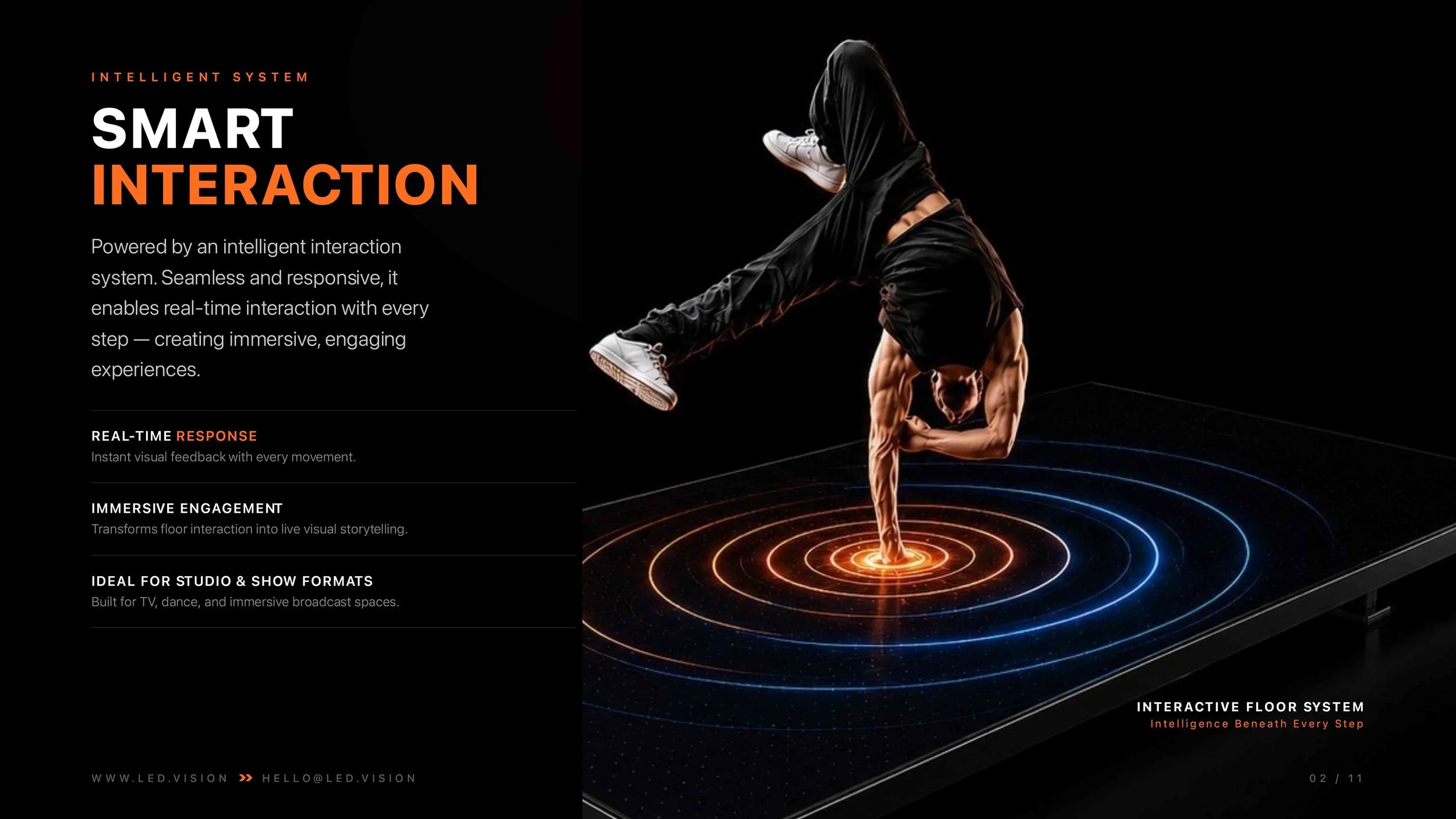 A person performing a handstand dance move on an interactive floor system with glowing concentric circles, promoting smart interaction technology.
