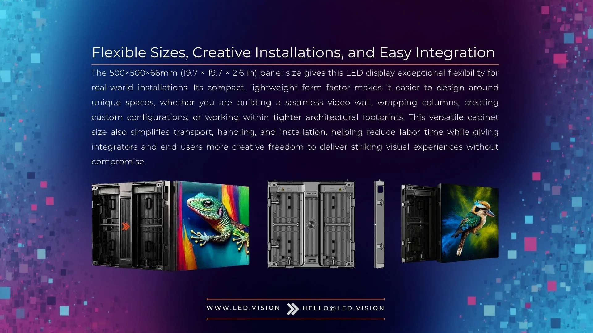 Modular outdoor LED video wall with a compact 500×500×66mm cabinet for flexible, creative installations