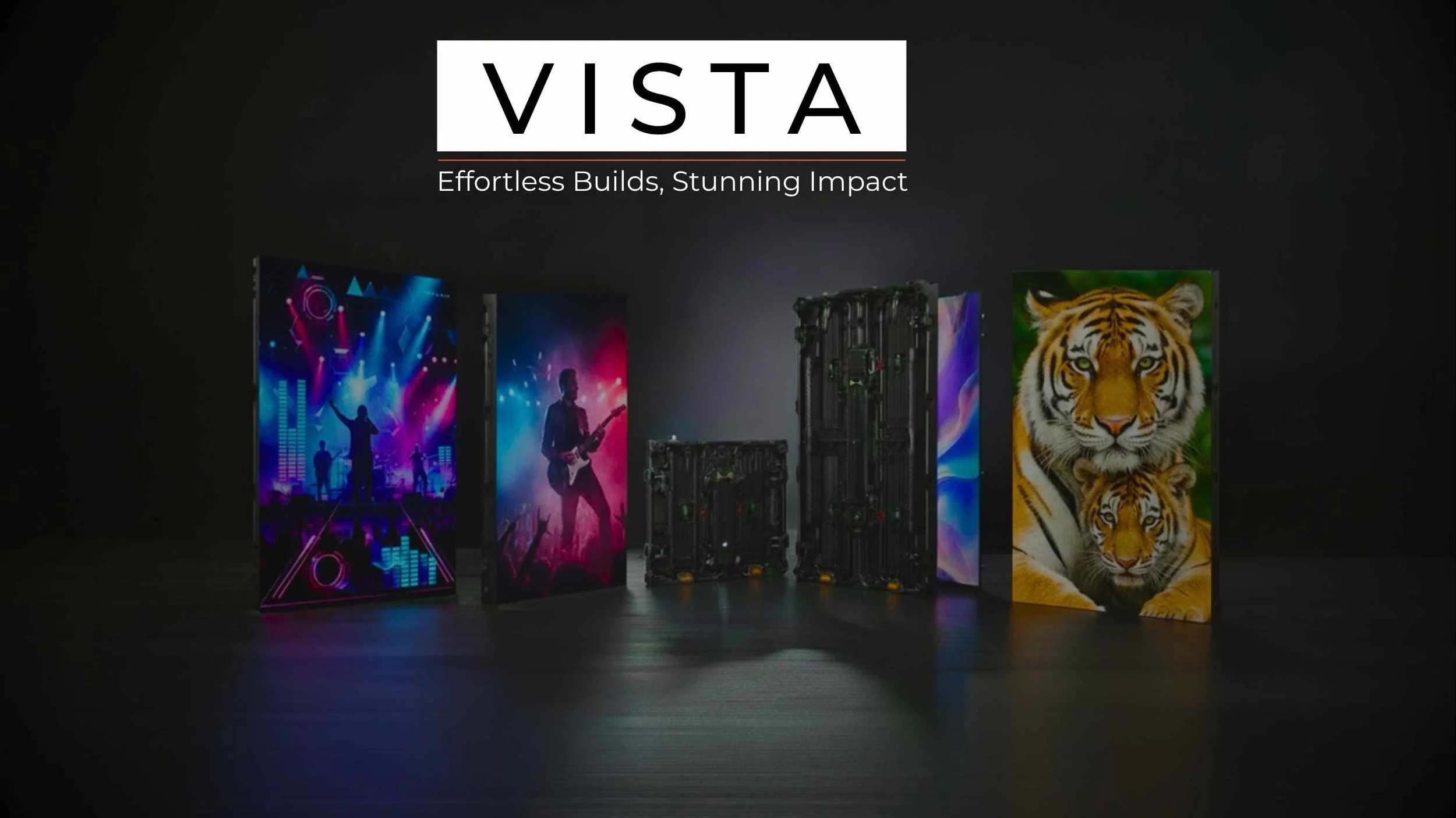 Tour-ready rental and staging LED video wall by LED Vision, shown as a lineup of modular panels displaying concert, stage, and wildlife visuals