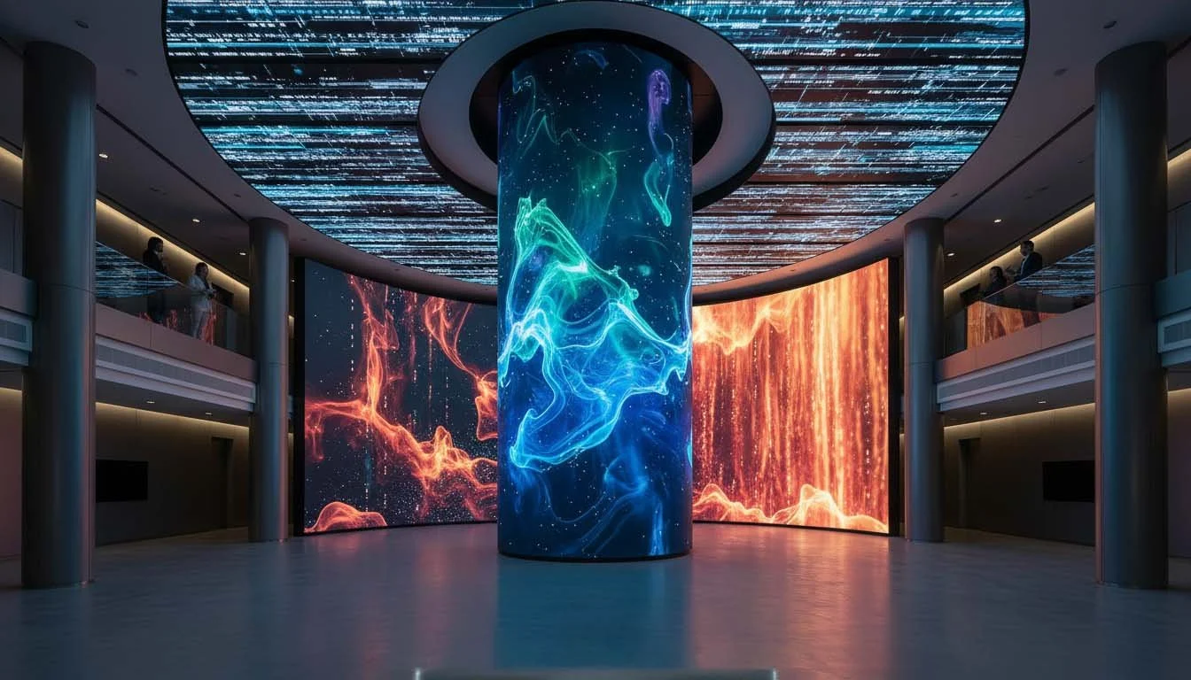 ARC Series curved LED video wall forming a large cylindrical column display with abstract swirling colour inside a modern atrium
