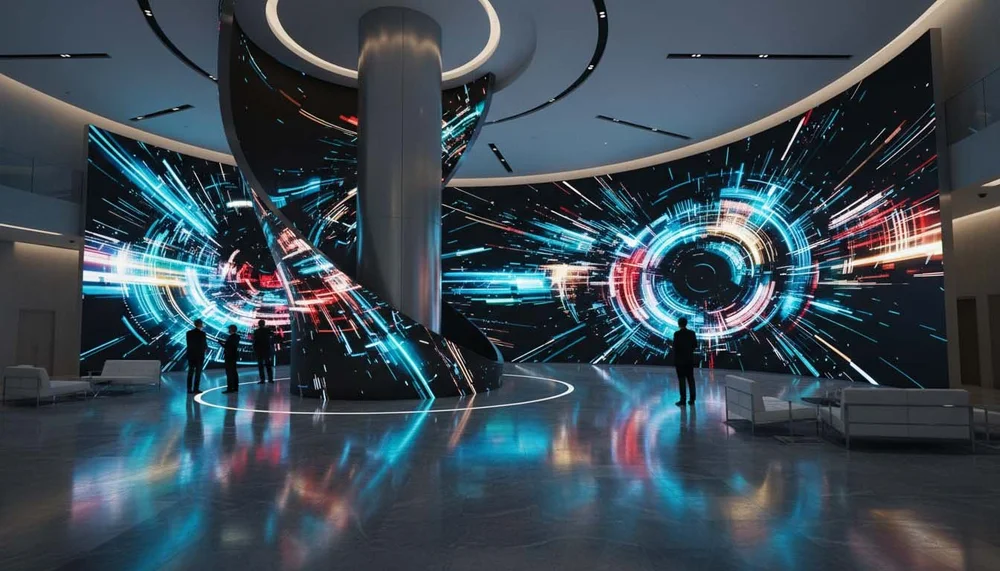 Curved ARC Series LED video wall in a futuristic corporate lobby showing an abstract blue and red circular tunnel pattern