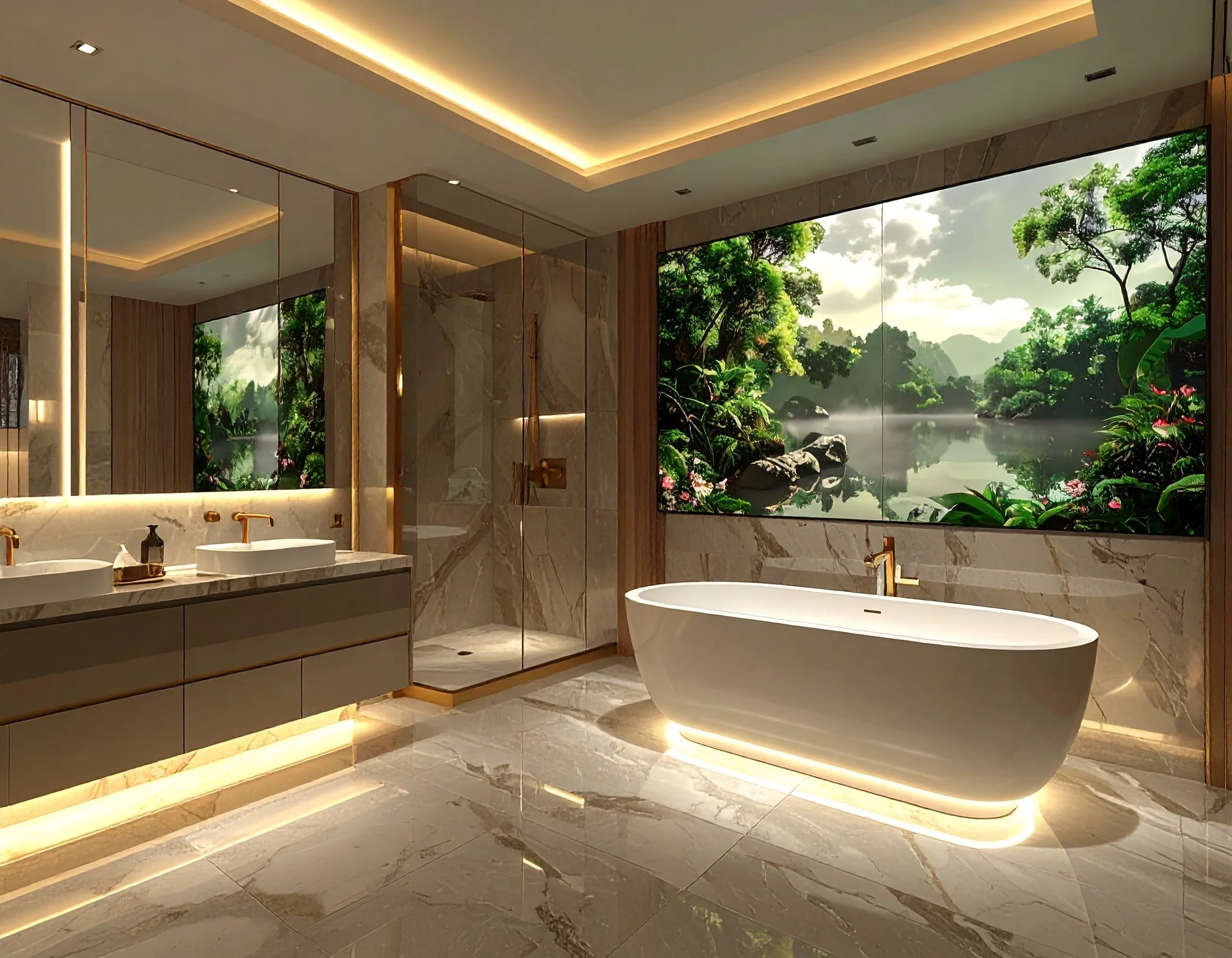 Luxurious bathroom with Video Wall LED display wall and marble floors, large mirror, double sinks with gold fixtures, a freestanding bathtub under a large digital window showing a tropical landscape with trees, rocks, and a river.