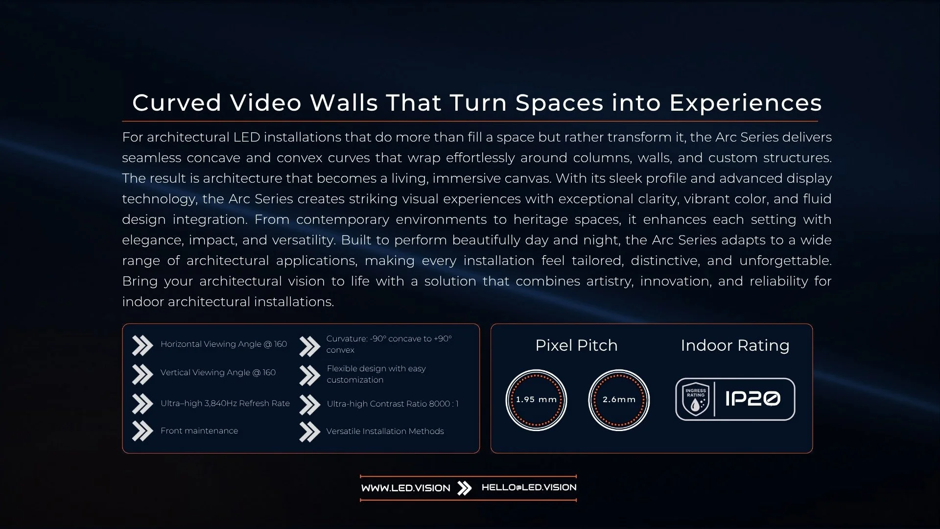 curved indoor LED video wall feature overview with 160 degree viewing angle