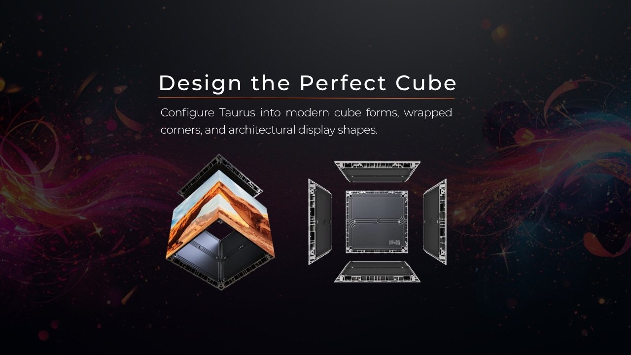 Taurus indoor LED video wall configured into a modern sleek cube shape for creative display layouts