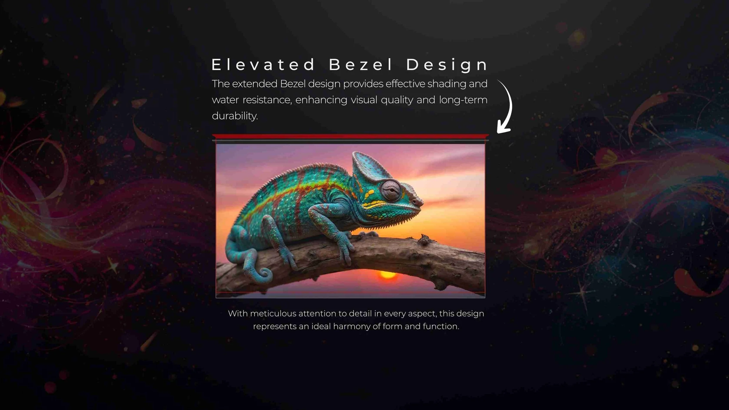 Waterproof outdoor LED display with an elevated bezel for shading and water resistance, showing a chameleon at sunset with the product Oasis Series by LED Vision