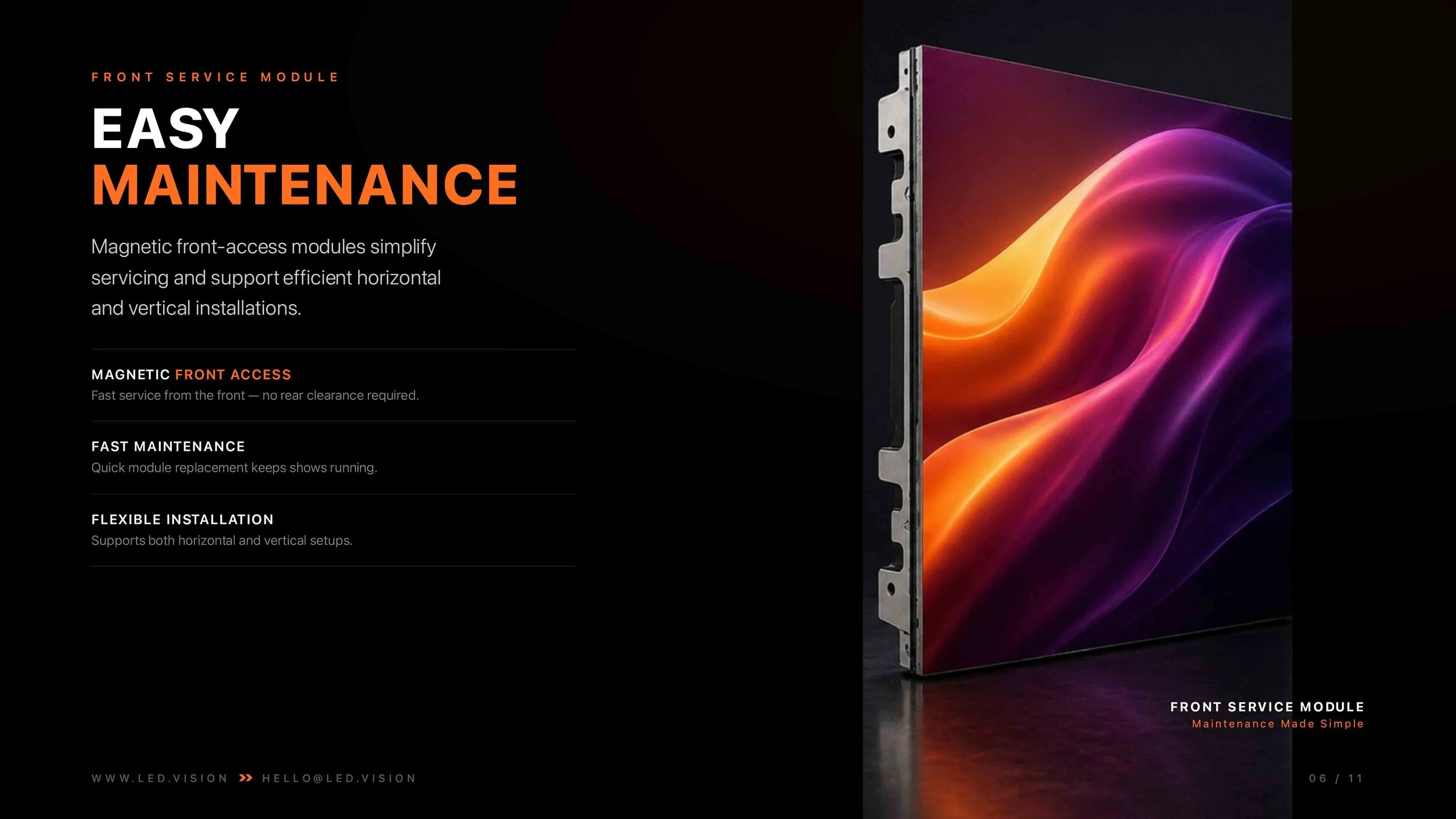 A digital display promoting easy maintenance for a front service module, highlighting magnetic front access, fast maintenance, and flexible installation features.