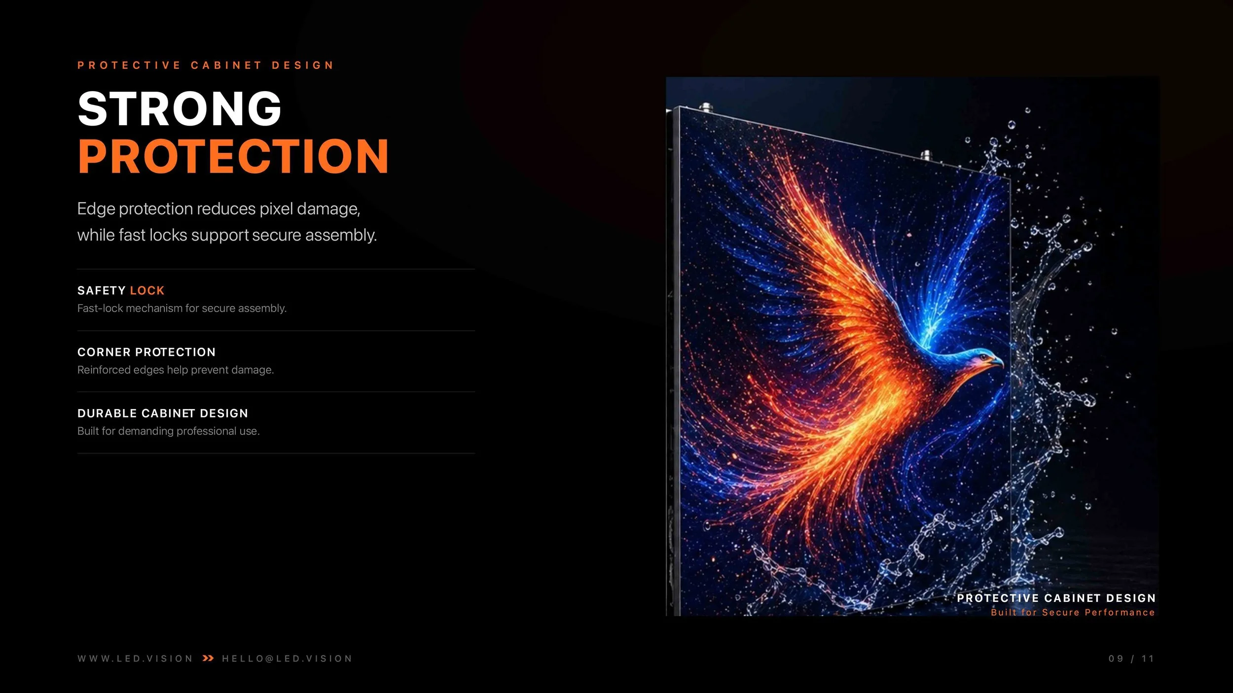 An advertisement for a display screen featuring a phoenix graphic with flames on a black background. Highlights include features like edge protection, corner protection, durable cabinet design, and a safety lock with icons and descriptions.