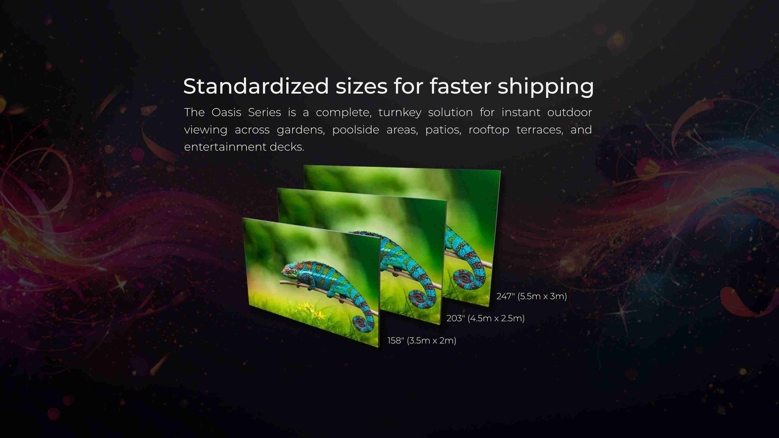 Three large outdoor LED video walls in standardized 158", 203", and 247" sizes displaying a colorful chameleon with the product Oasis Series by LED Vision