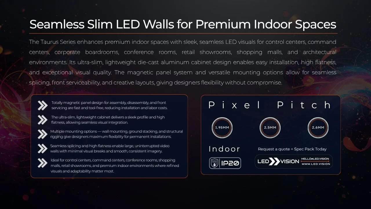 Taurus slim indoor LED video wall feature overview with magnetic panels, 1.95mm–2.6mm pixel pitch, and IP20 indoor rating for boardrooms and showrooms