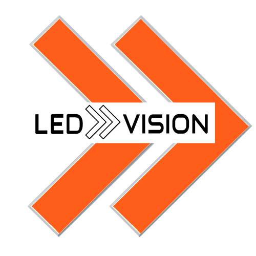 Logo with two orange arrows pointing right and the words LED VISION in black, separated by two black arrows, on a black background.