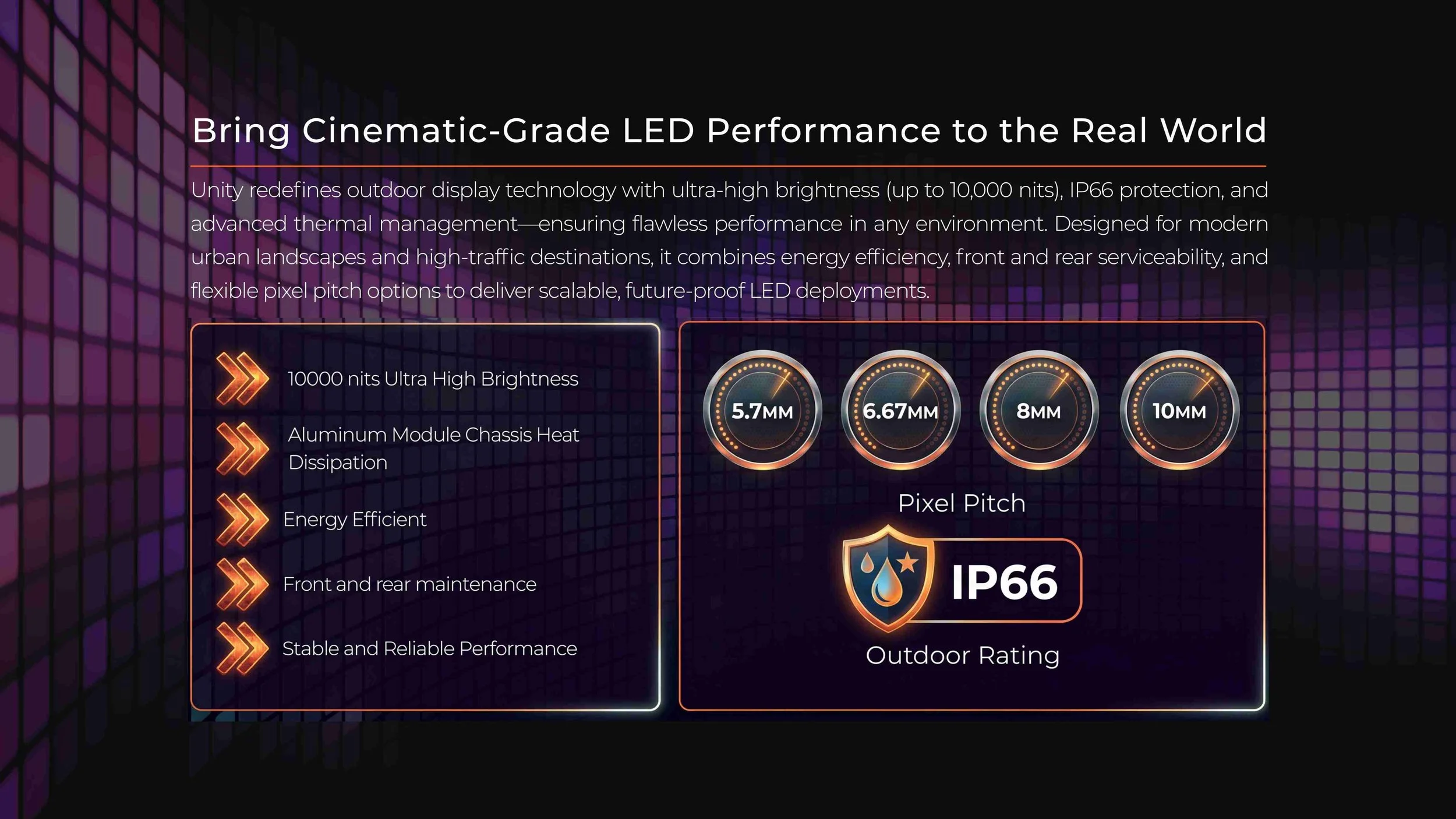 Unity Platinum outdoor LED video wall feature overview with 10,000 nits brightness, IP66 rating, and 5.7–10mm pixel pitch options