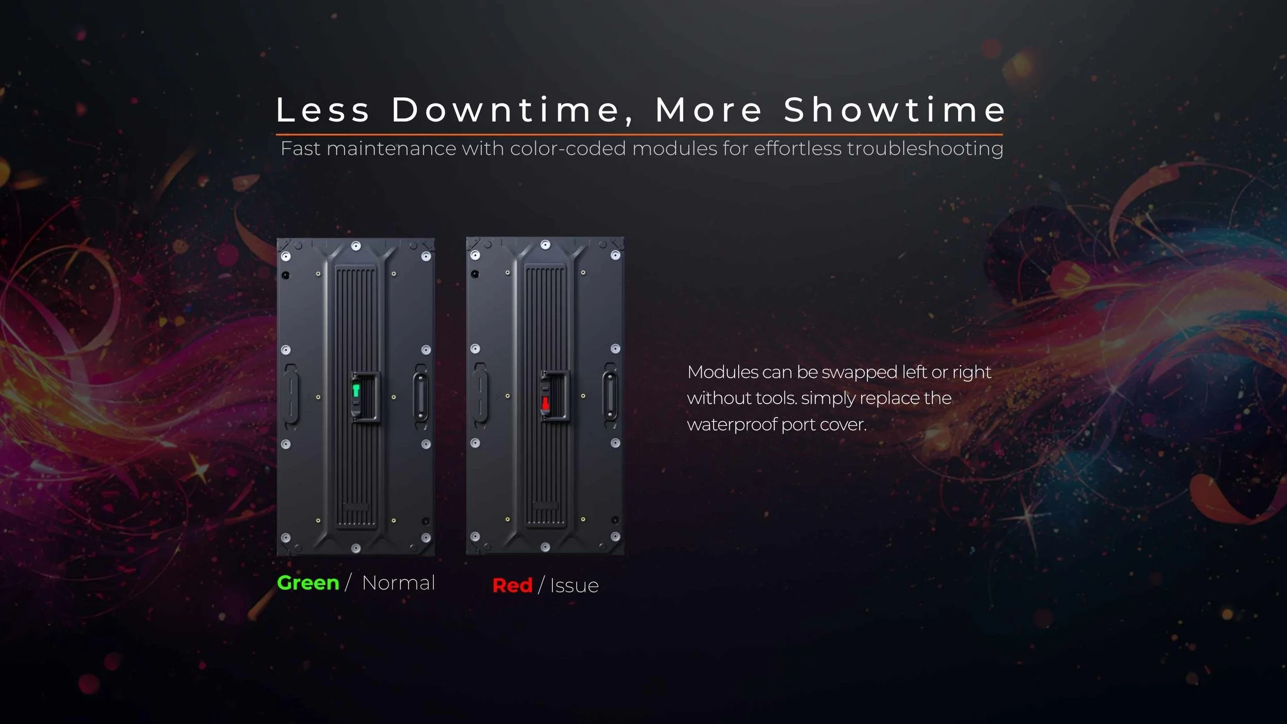Event LED video wall with green and red color-coded modules that swap left or right without tools for fast troubleshooting during shows by LED Vision