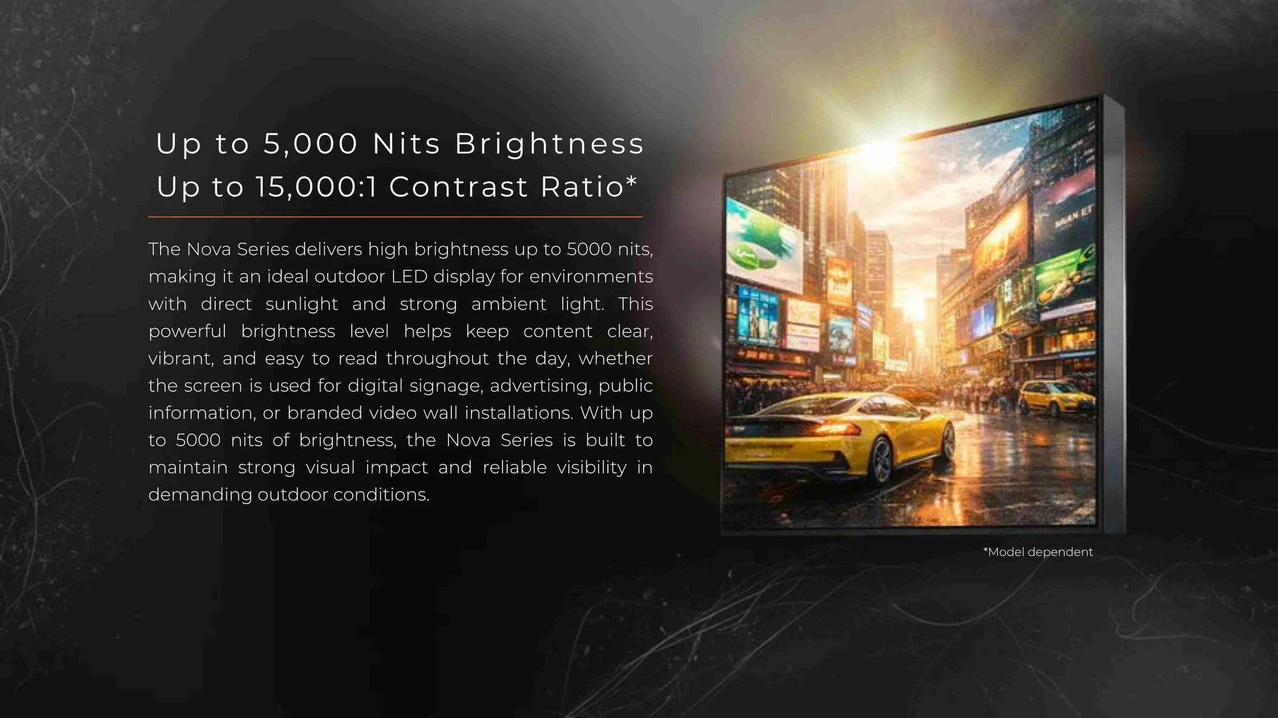 Outdoor LED video wall delivering up to 5000 nits brightness for clear visibility in direct sunlight