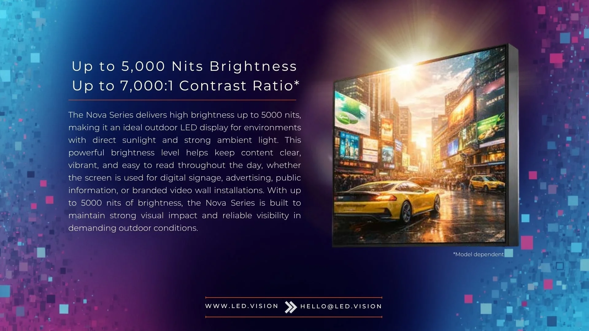 Outdoor LED video wall delivering up to 5000 nits brightness for clear visibility in direct sunlight