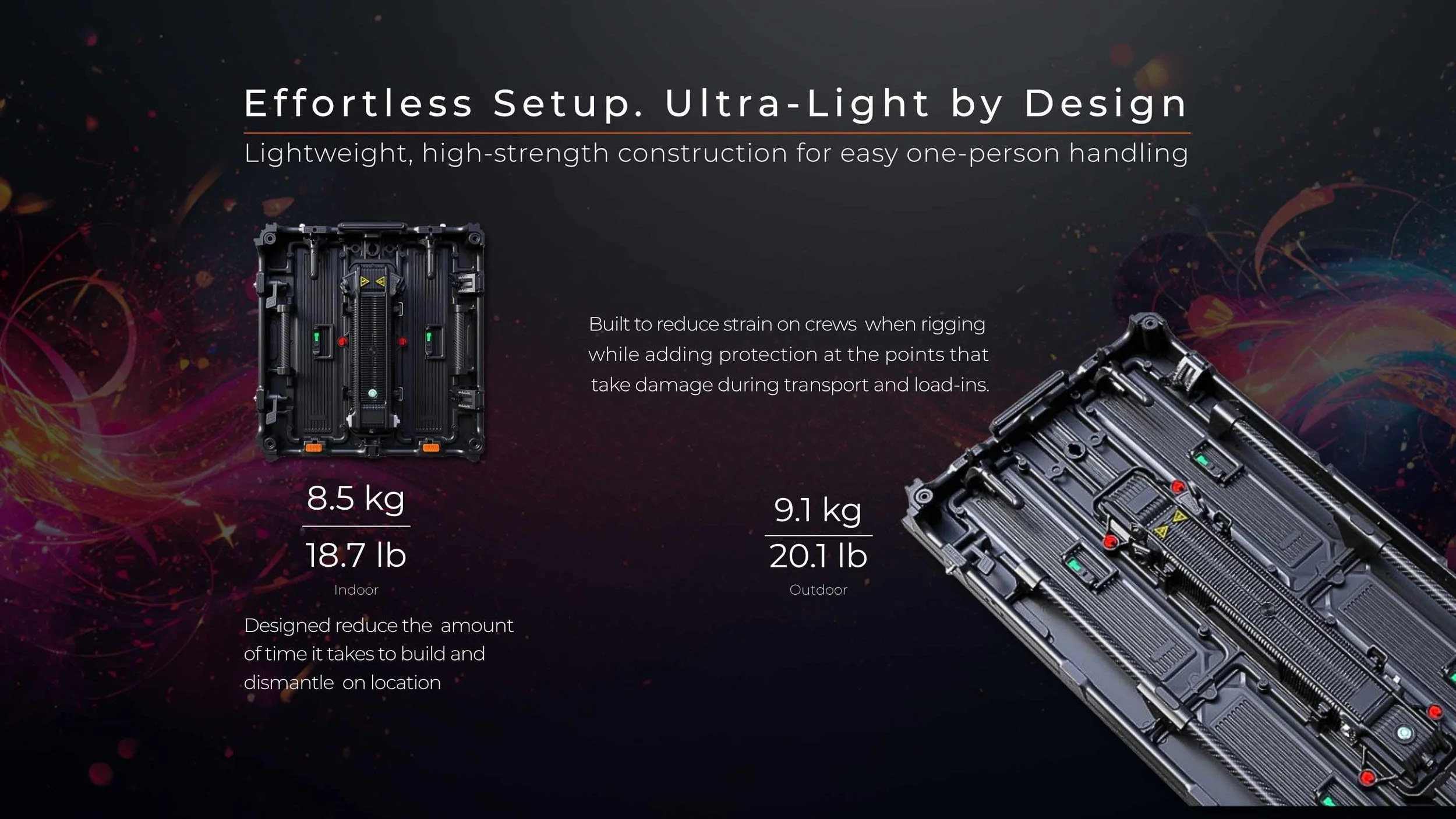 Lightweight rental LED video wall panel weighing 8.5 kg indoor and 9.1 kg outdoor, built for easy one-person rigging and fast setup by LED Vision